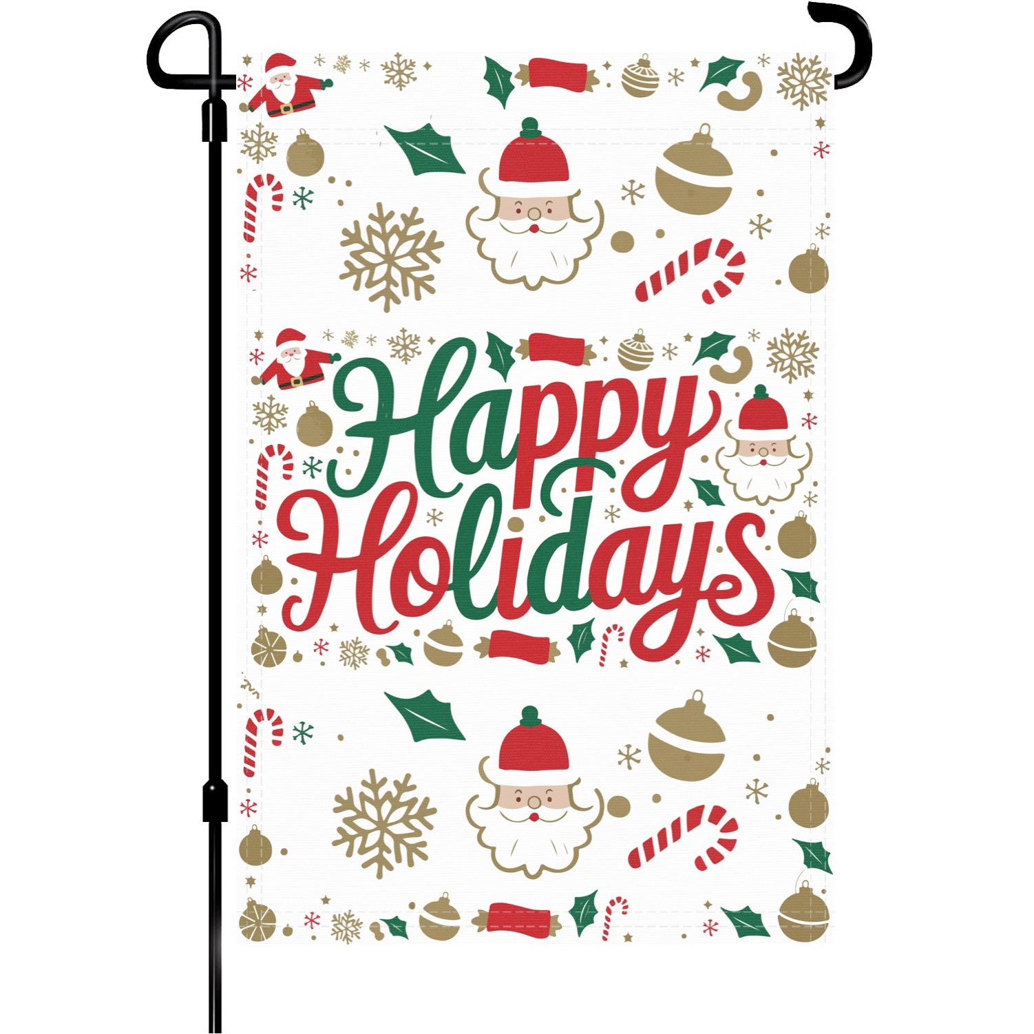 Happy Holidays garden flag made of weatherproof polyester mounted on a garden flagpole | Bannerfi