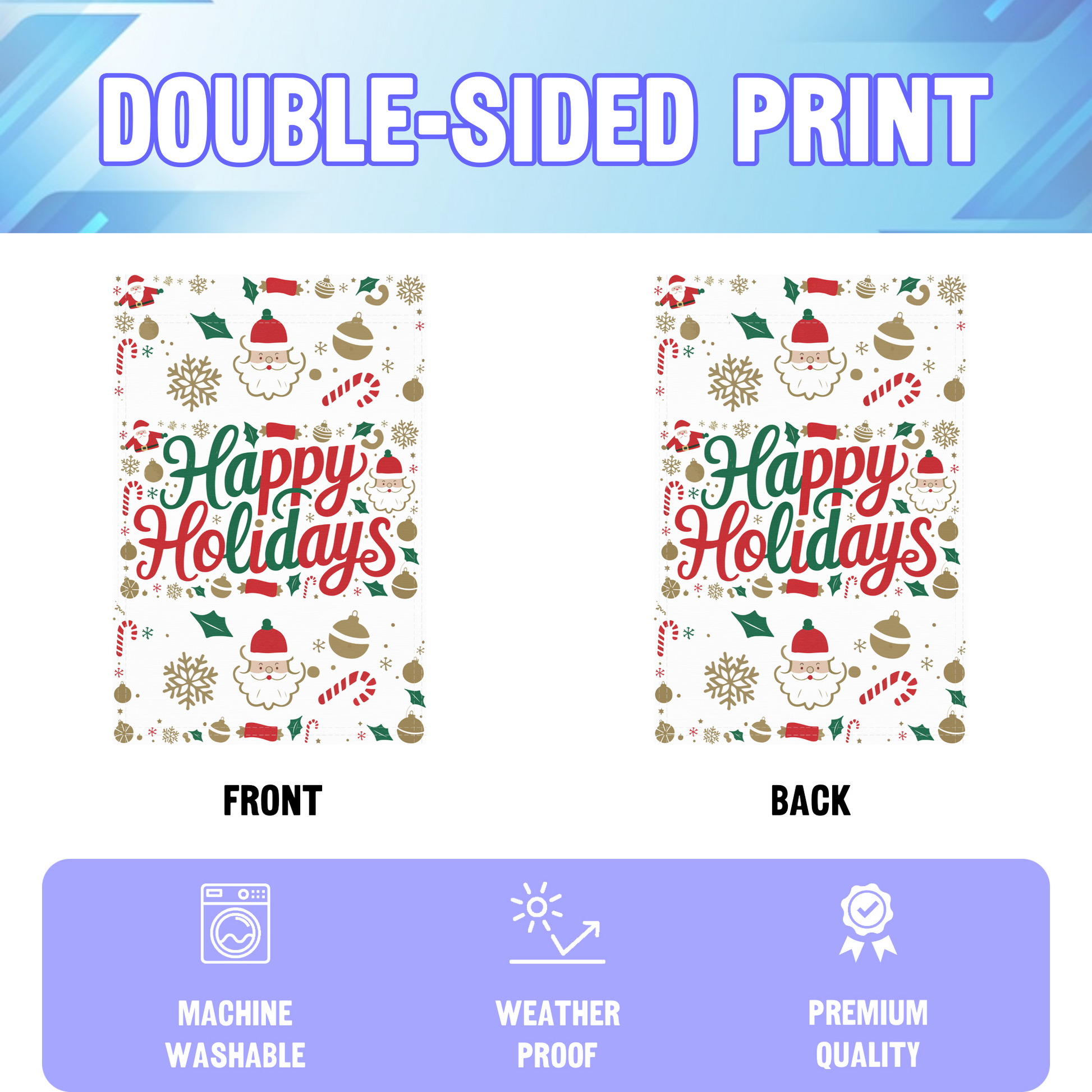 Happy Holidays garden flag displayed in an infographic, showing the double sided print and high quality characteristics | Bannerfi