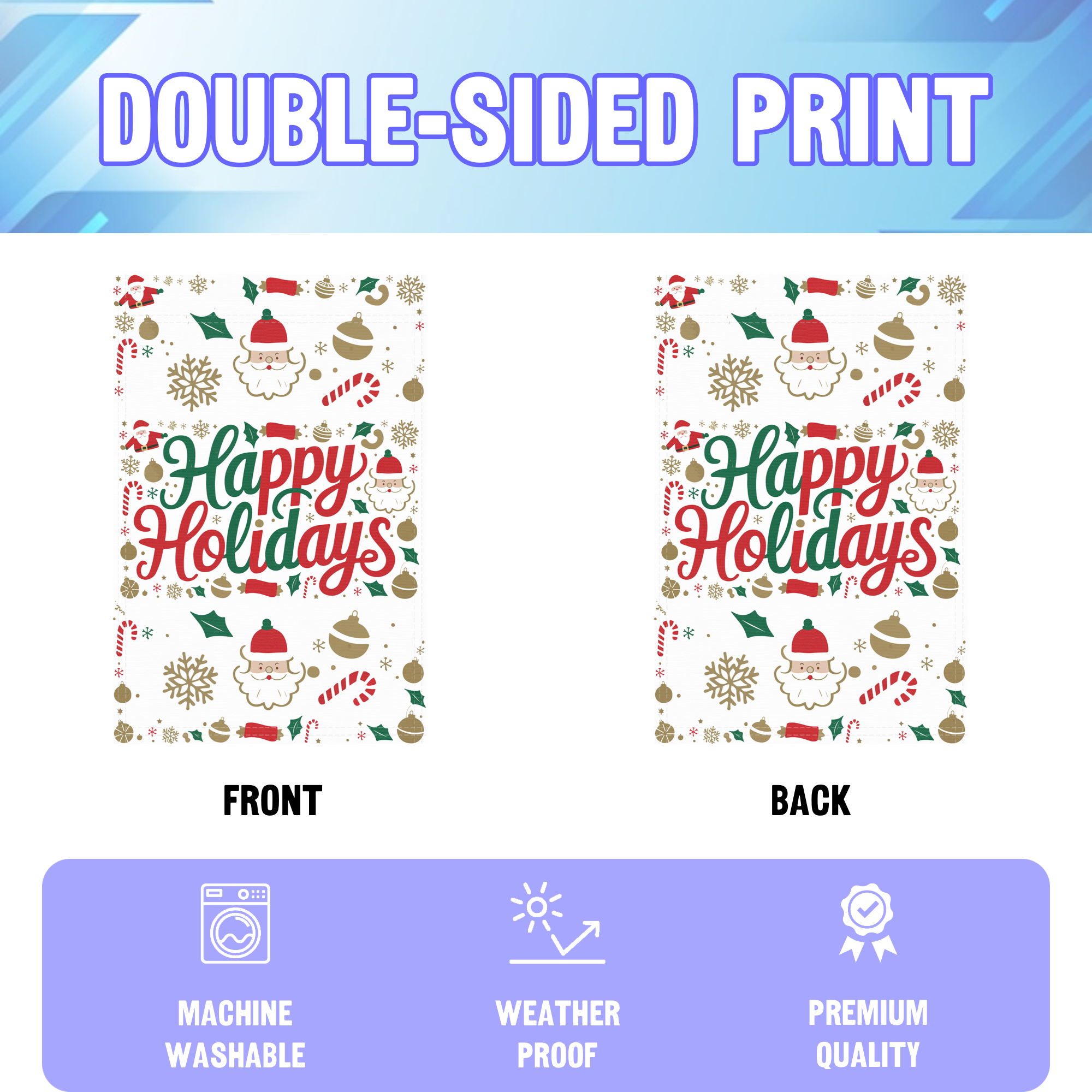 Happy Holidays garden flag displayed in an infographic, showing the double sided print and high quality characteristics | Bannerfi
