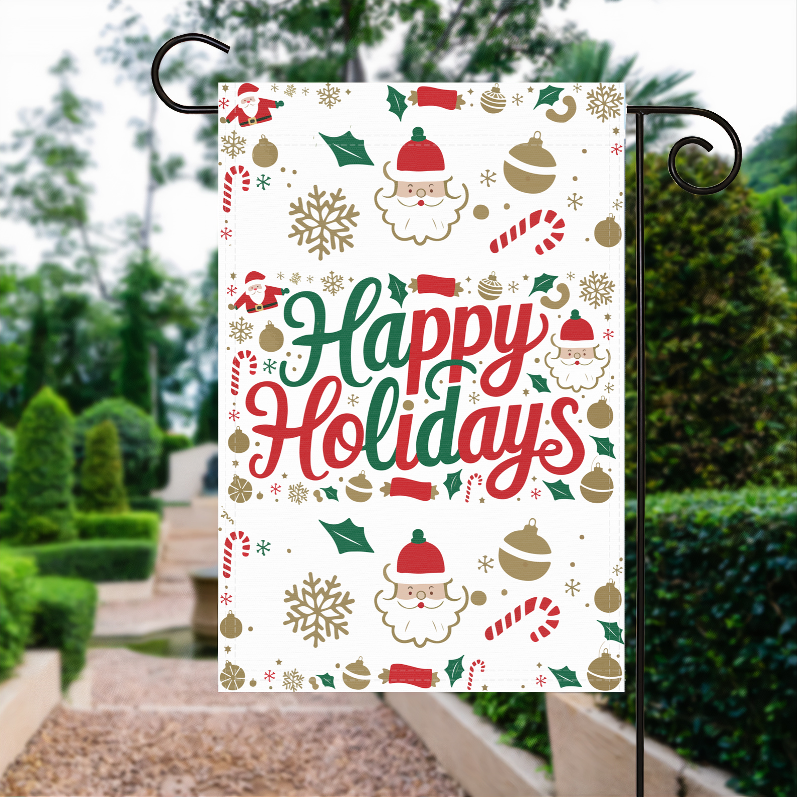 Happy Holidays garden flag made of weatherproof polyester displayed in a garden | Bannerfi