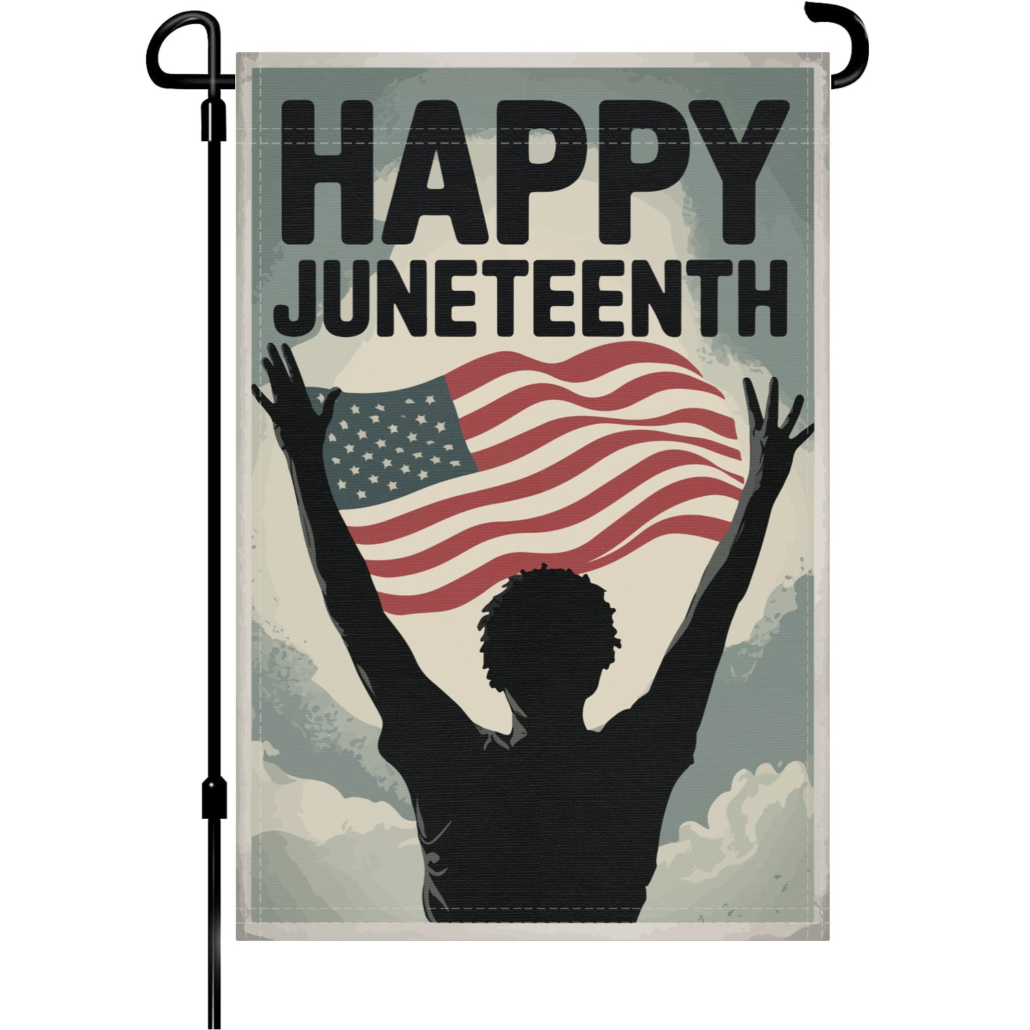 Happy Juneteenth garden flag made of weatherproof polyester mounted on a garden flagpole | Bannerfi