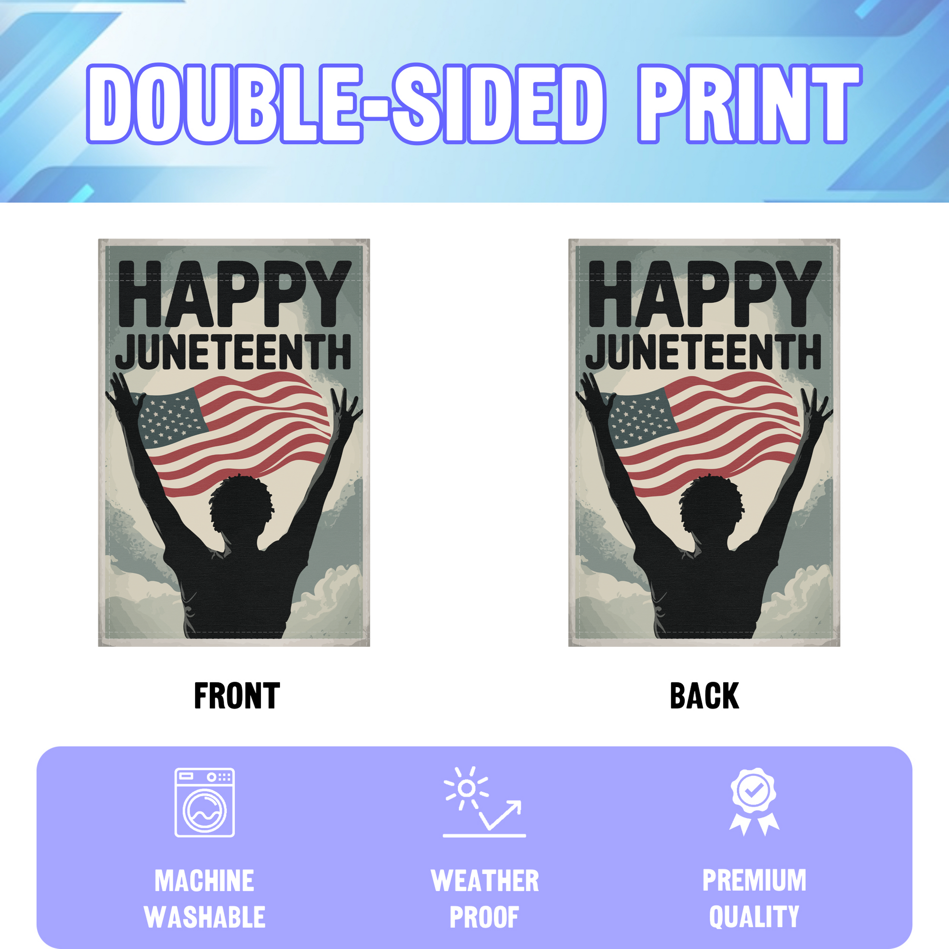Happy Juneteenth garden flag displayed in an infographic, showing the double sided print and high quality characteristics | Bannerfi