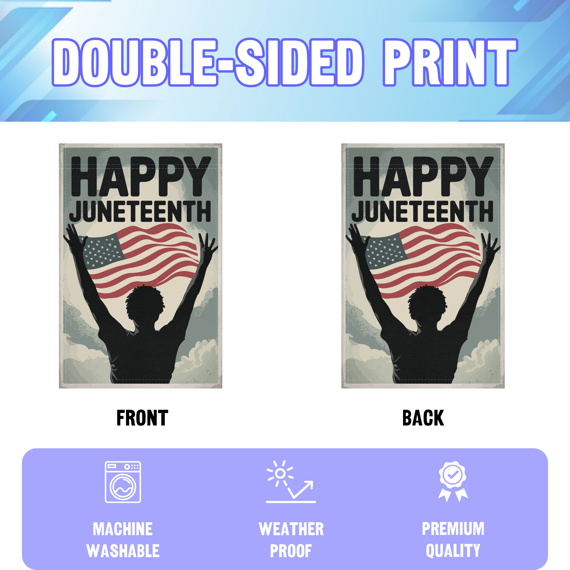 Happy Juneteenth garden flag displayed in an infographic, showing the double sided print and high quality characteristics | Bannerfi