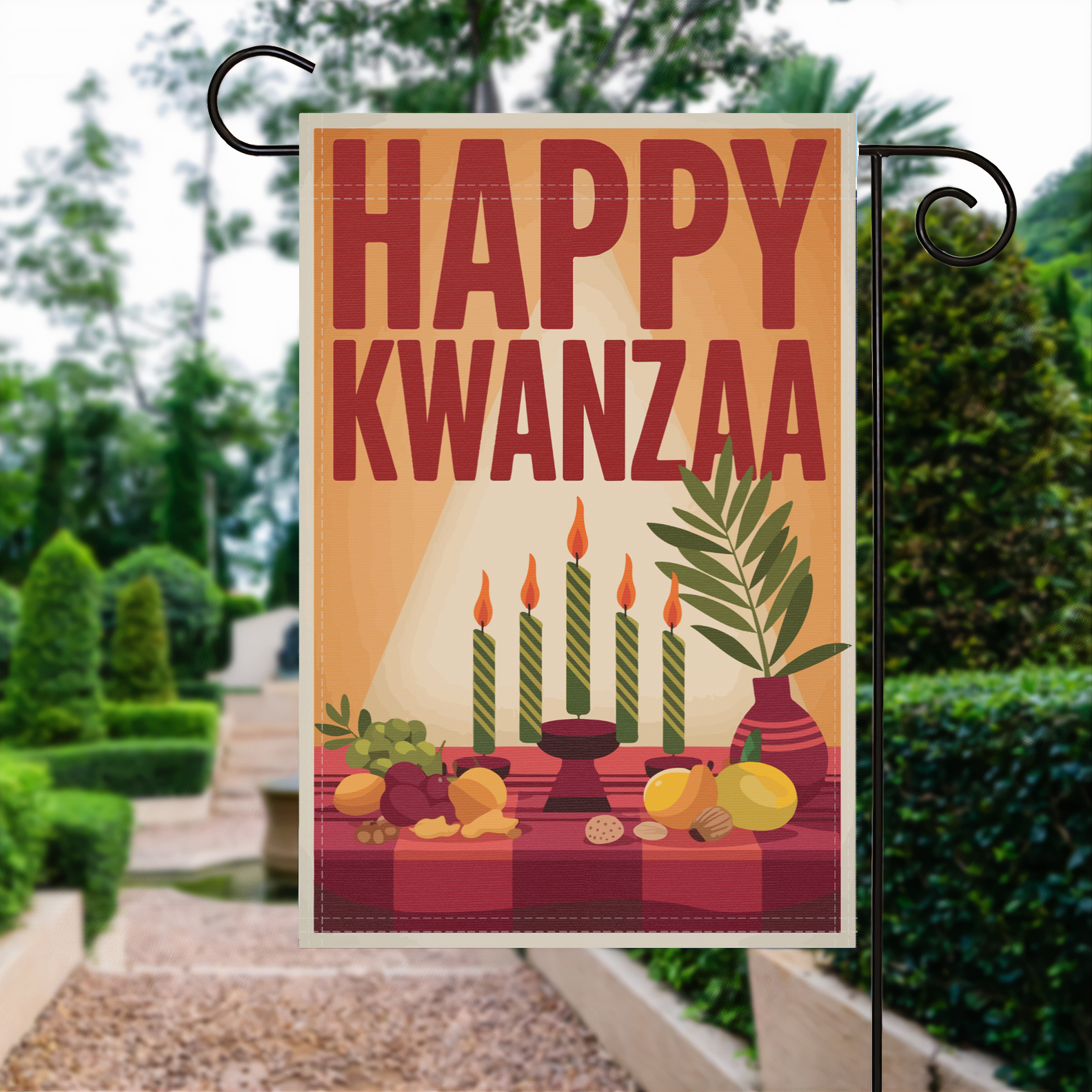 Happy Kwanzaa garden flag made of weatherproof polyester displayed in a garden | Bannerfi