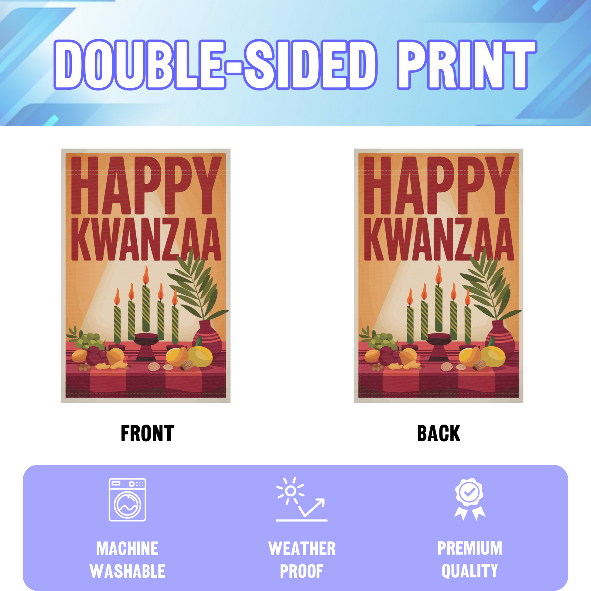 Happy Kwanzaa garden flag displayed in an infographic, showing the double sided print and high quality characteristics | Bannerfi
