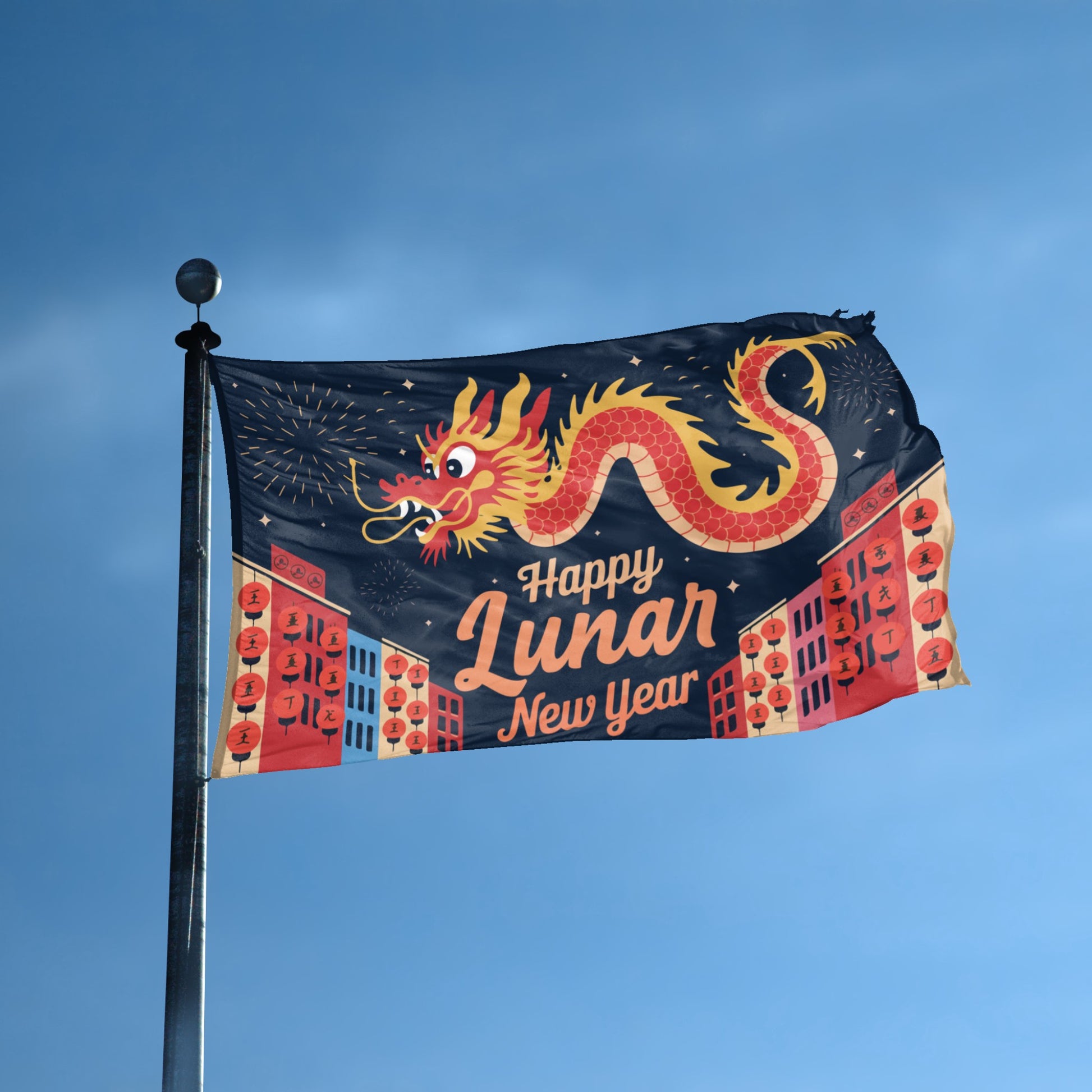 A flag with the theme "Happy Lunar New Year" displayed on a tall flag pole and blue skies.