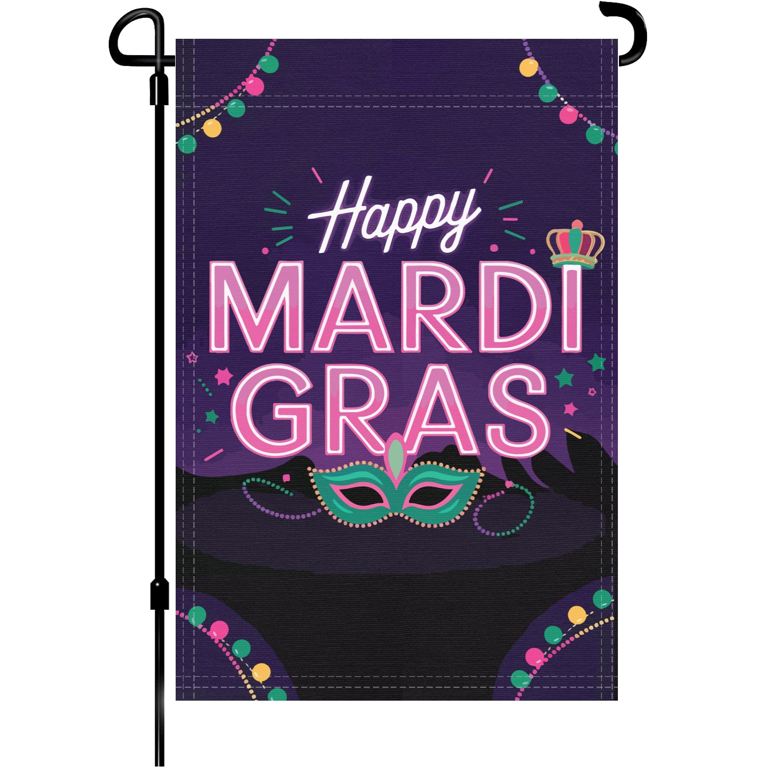 Happy Mardi Gras garden flag made of weatherproof polyester mounted on a garden flagpole | Bannerfi