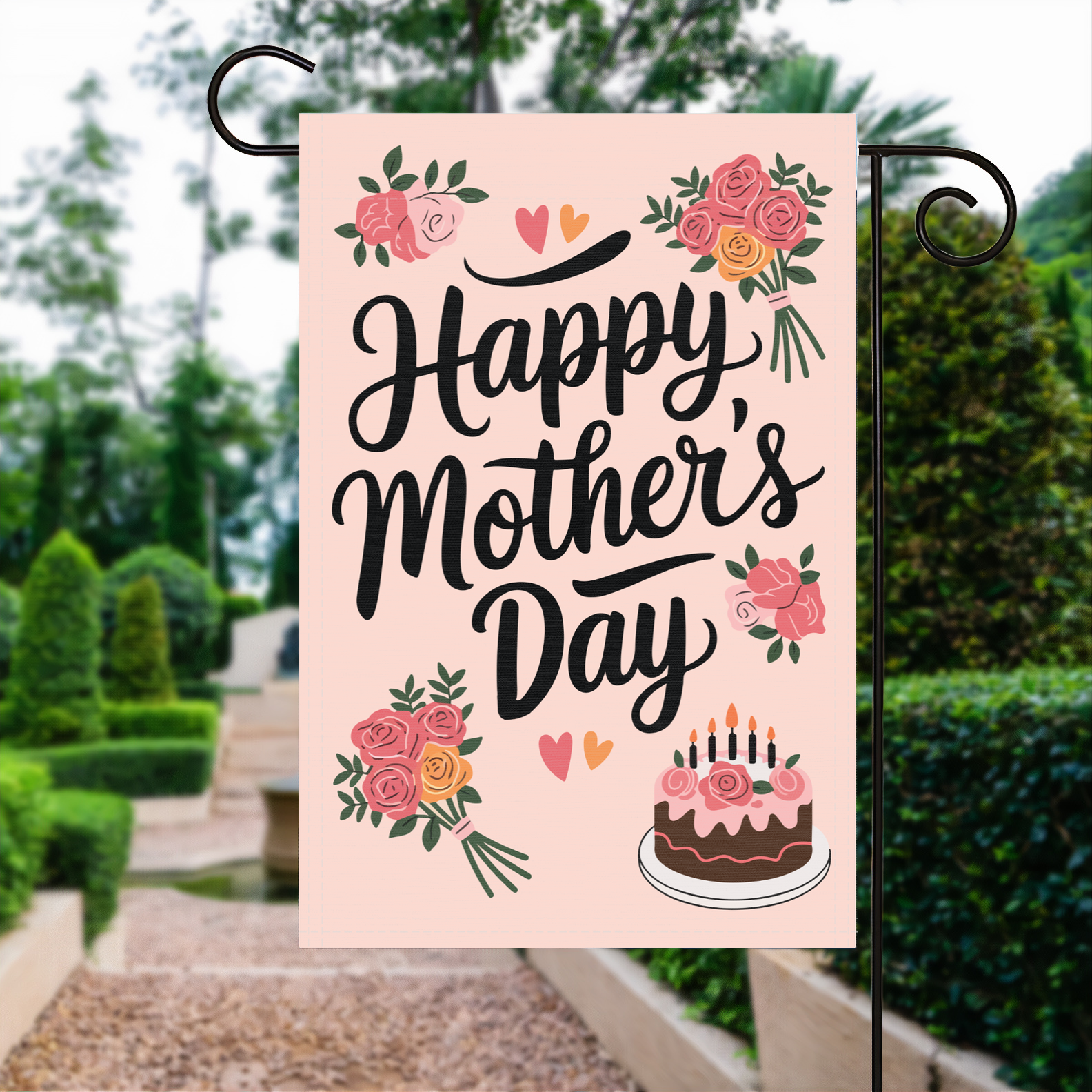 Happy Mother's Day garden flag made of weatherproof polyester displayed in a garden | Bannerfi