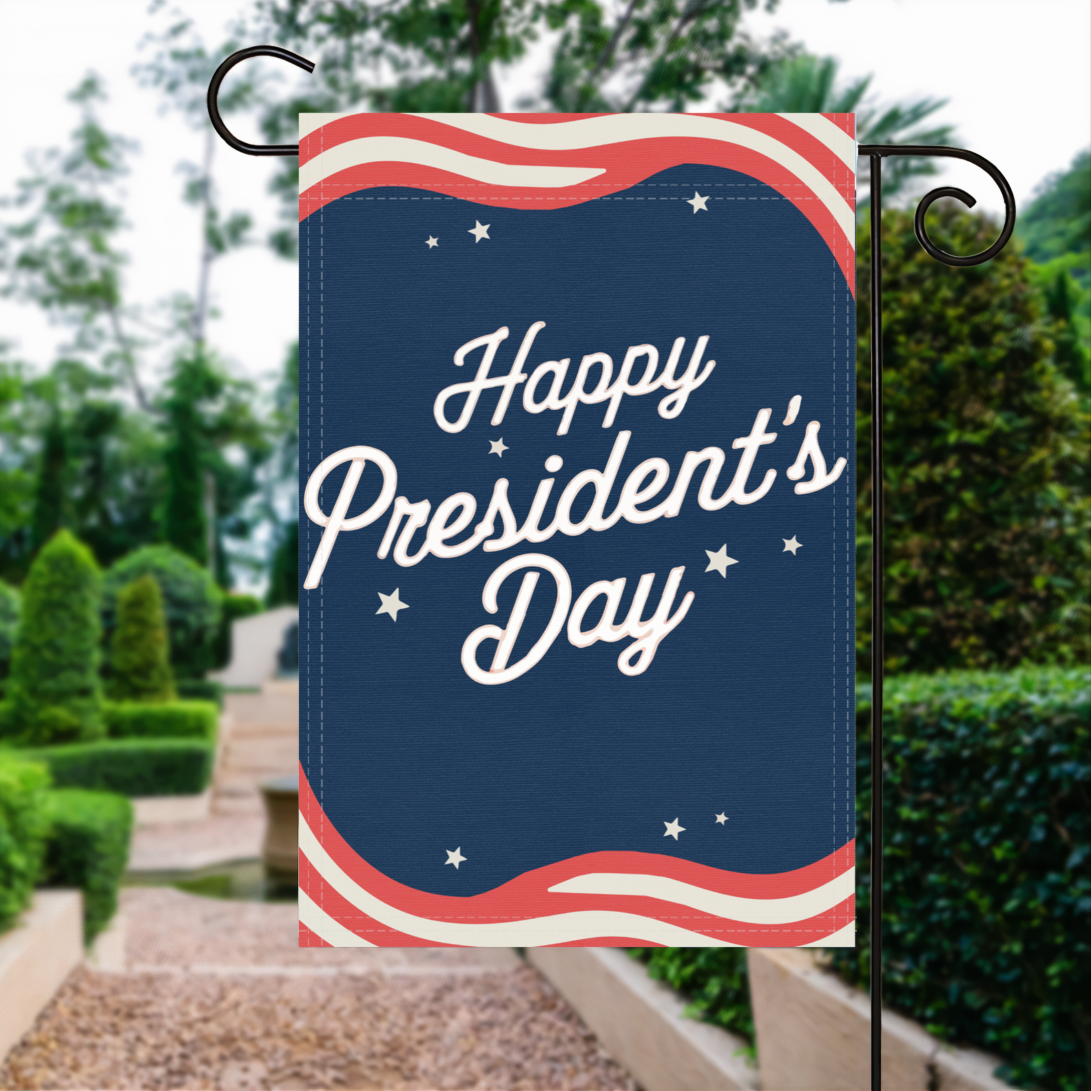 Happy President's Day garden flag made of weatherproof polyester displayed in a garden | Bannerfi