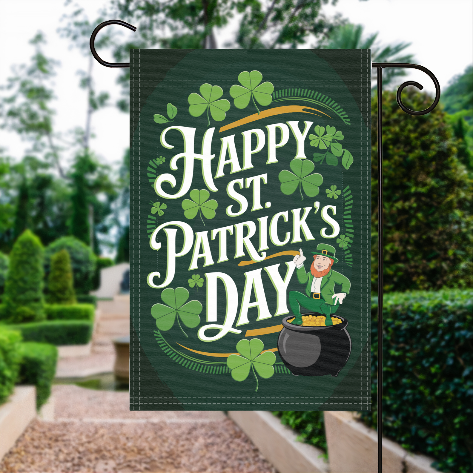 Happy St. Patrick's Day garden flag made of weatherproof polyester displayed in a garden | Bannerfi