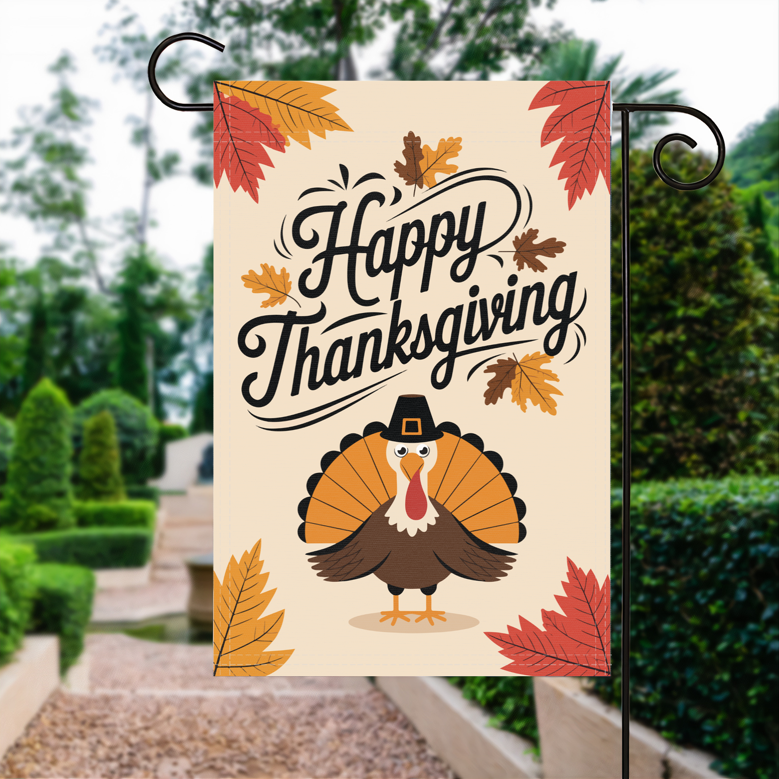 Happy Thanksgiving garden flag made of weatherproof polyester displayed in a garden | Bannerfi