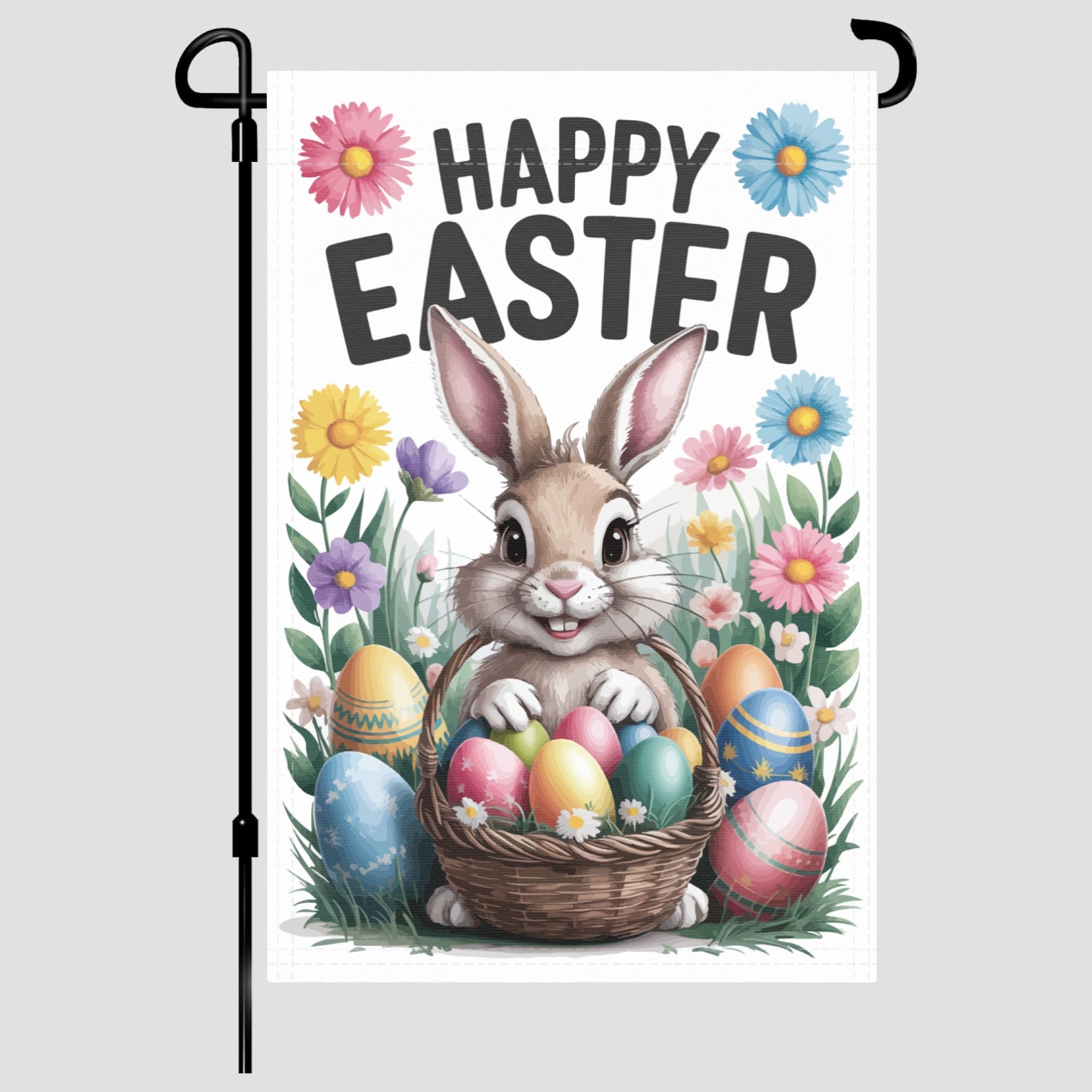 Happy Easter garden flag made of weatherproof polyester mounted on a garden flagpole | Bannerfi