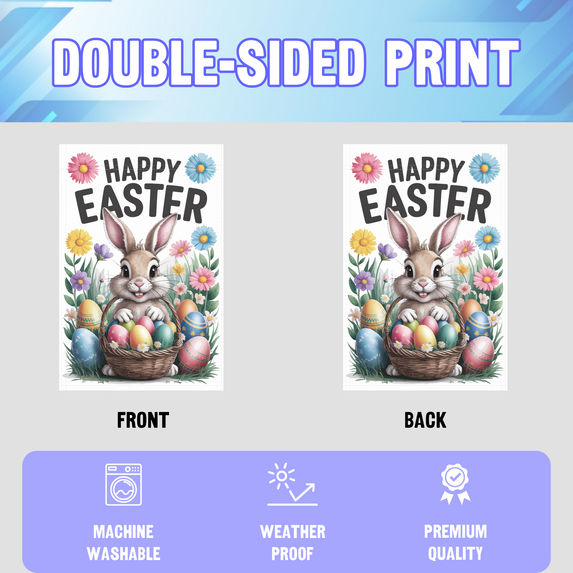 Happy Easter garden flag displayed in an infographic, showing the double sided print and high quality characteristics | Bannerfi