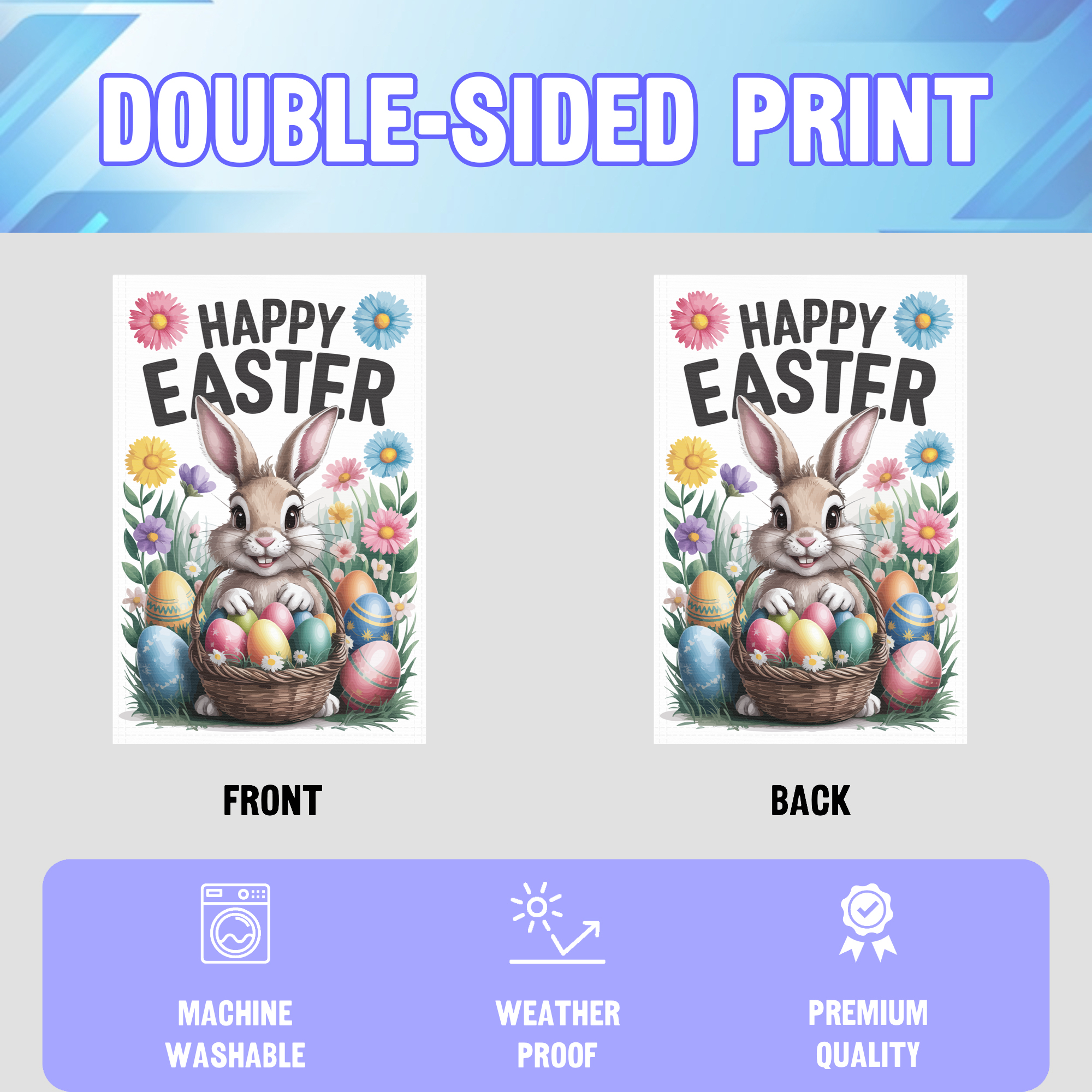 Happy Easter garden flag displayed in an infographic, showing the double sided print and high quality characteristics | Bannerfi