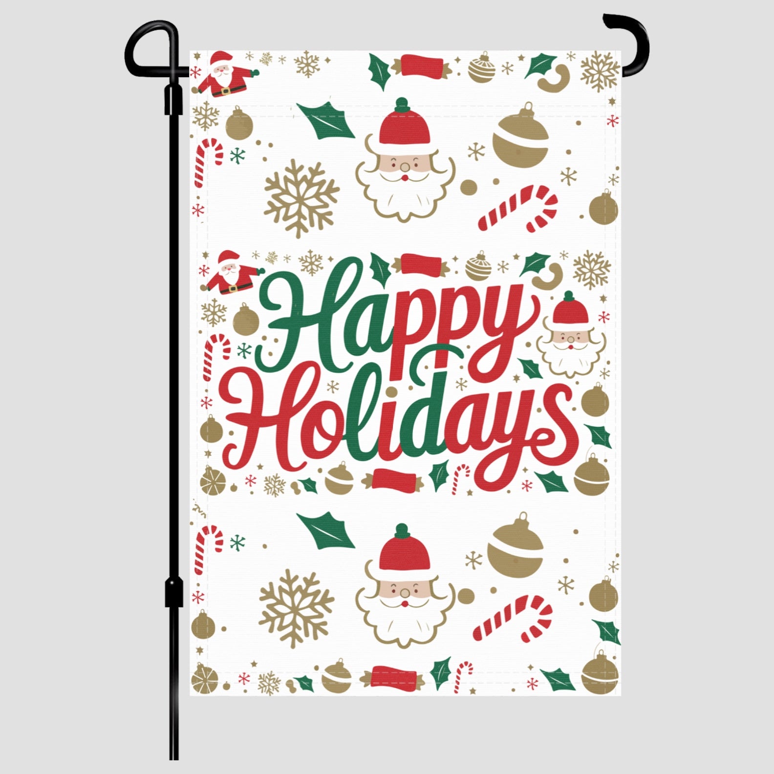 Happy Holidays garden flag made of weatherproof polyester mounted on a garden flagpole | Bannerfi