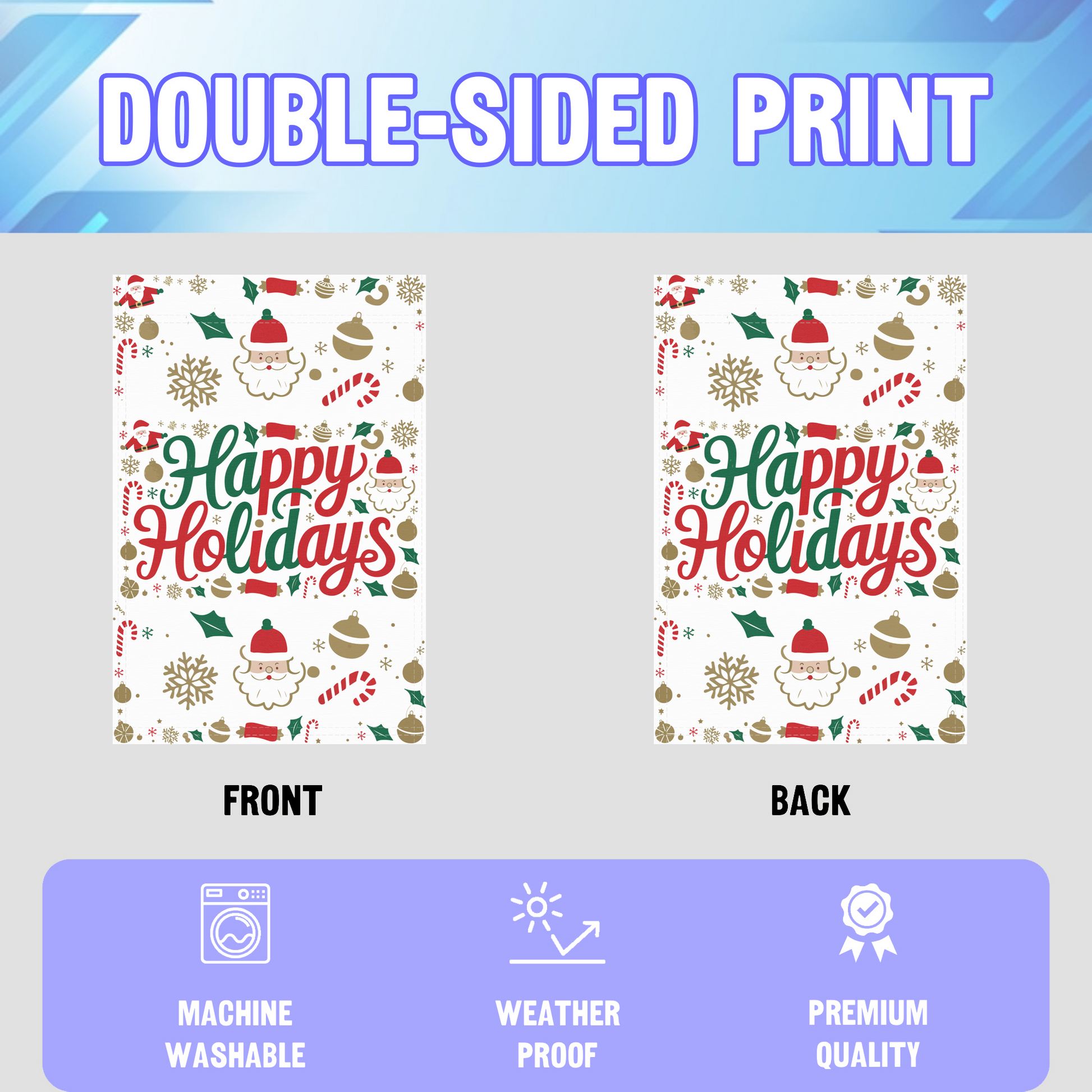 Happy Holidays garden flag displayed in an infographic, showing the double sided print and high quality characteristics | Bannerfi