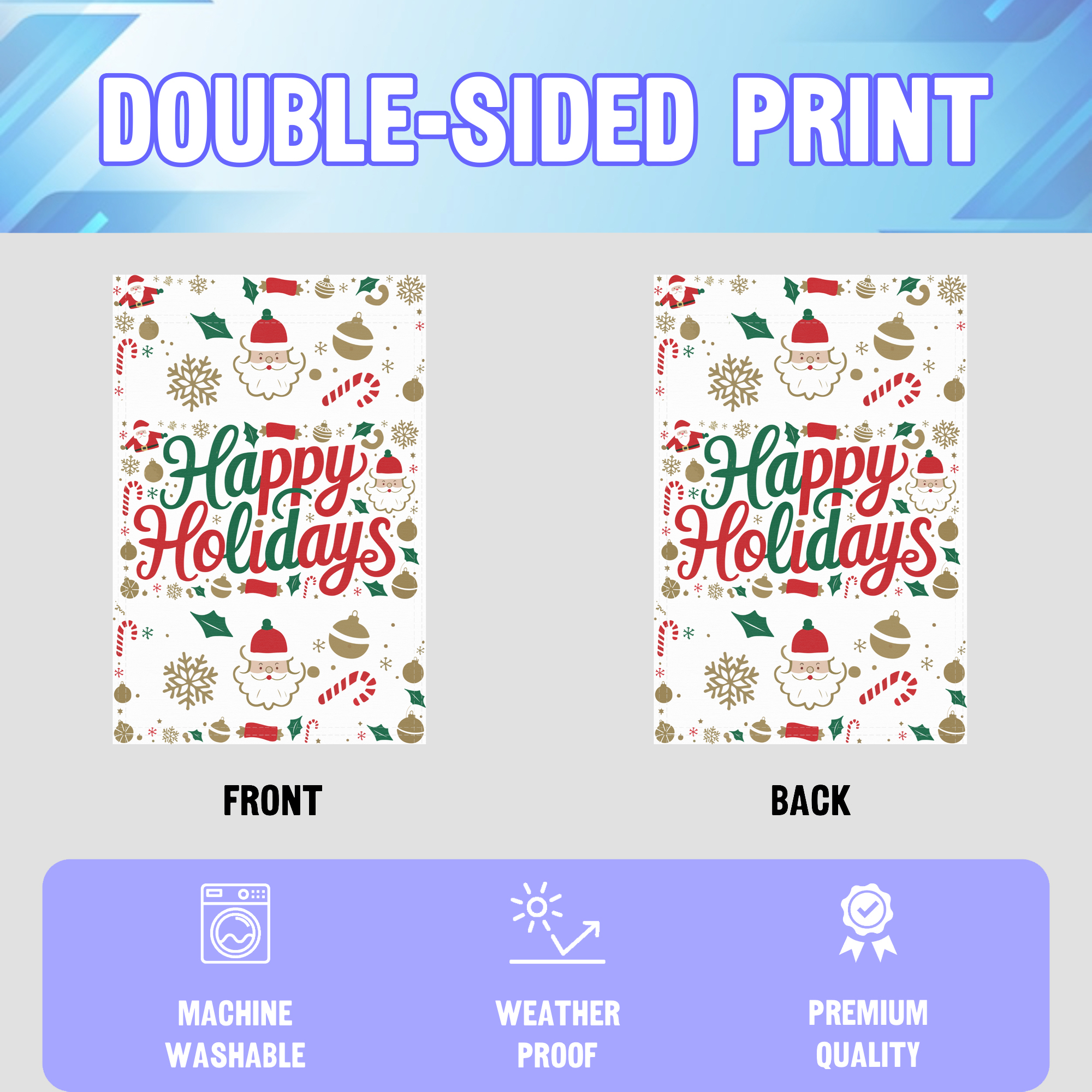 Happy Holidays garden flag displayed in an infographic, showing the double sided print and high quality characteristics | Bannerfi