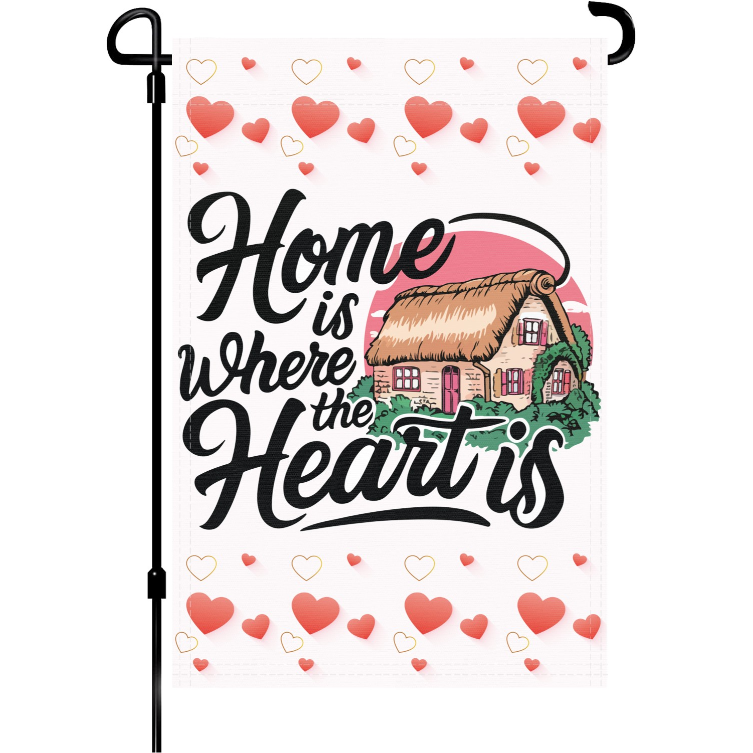 Home Is Where The Heart Is garden flag made of weatherproof polyester mounted on a garden flagpole | Bannerfi