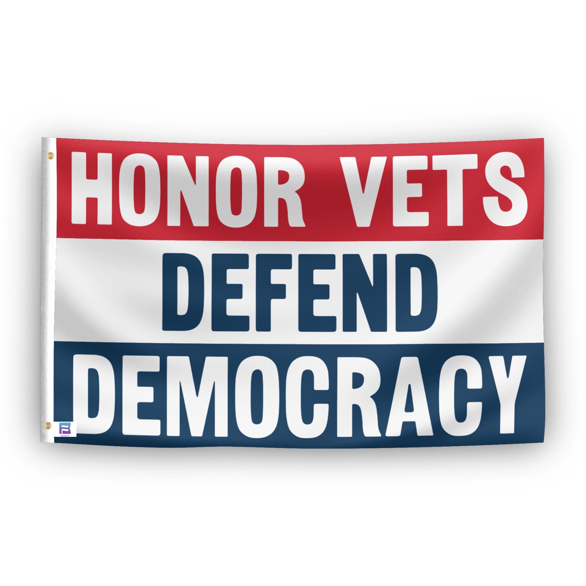 Honor Vets Defend Democracy flag – weatherproof polyester with brass grommets and canvas header | Bannerfi