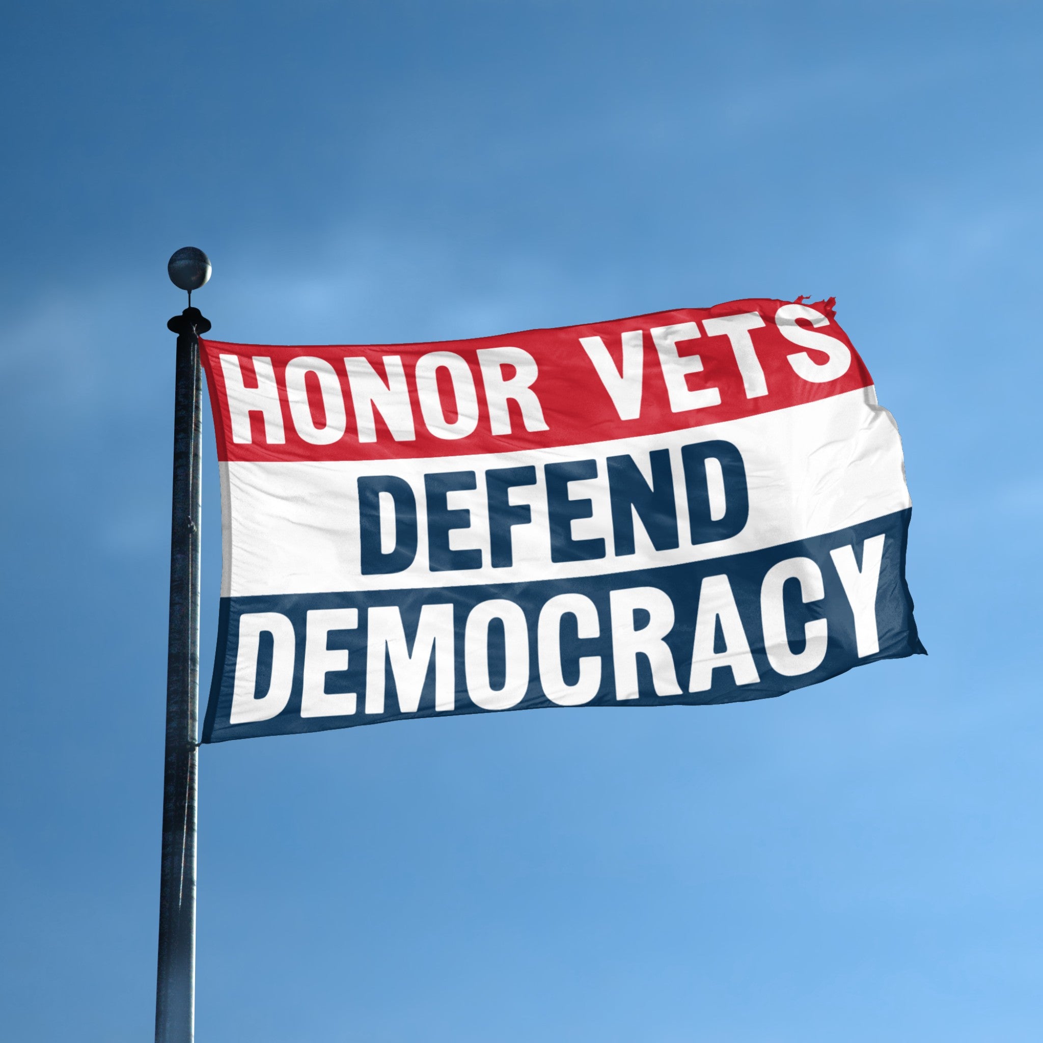 Honor Vets Defend Democracy flag displayed outdoors – weatherproof house banner on pole | Bannerfi