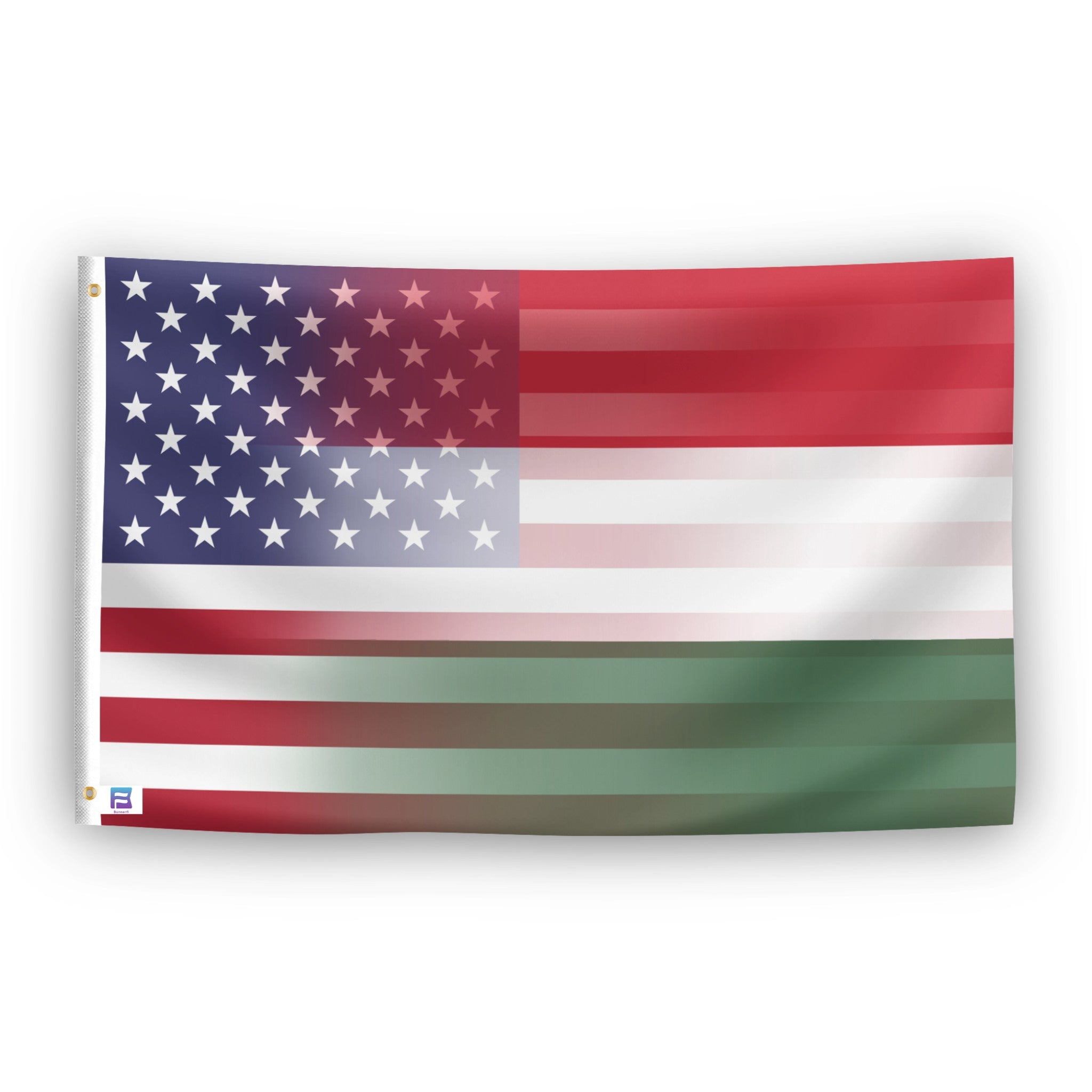 Hungarian American hybrid flag with the two designs seamlessly blended together. 