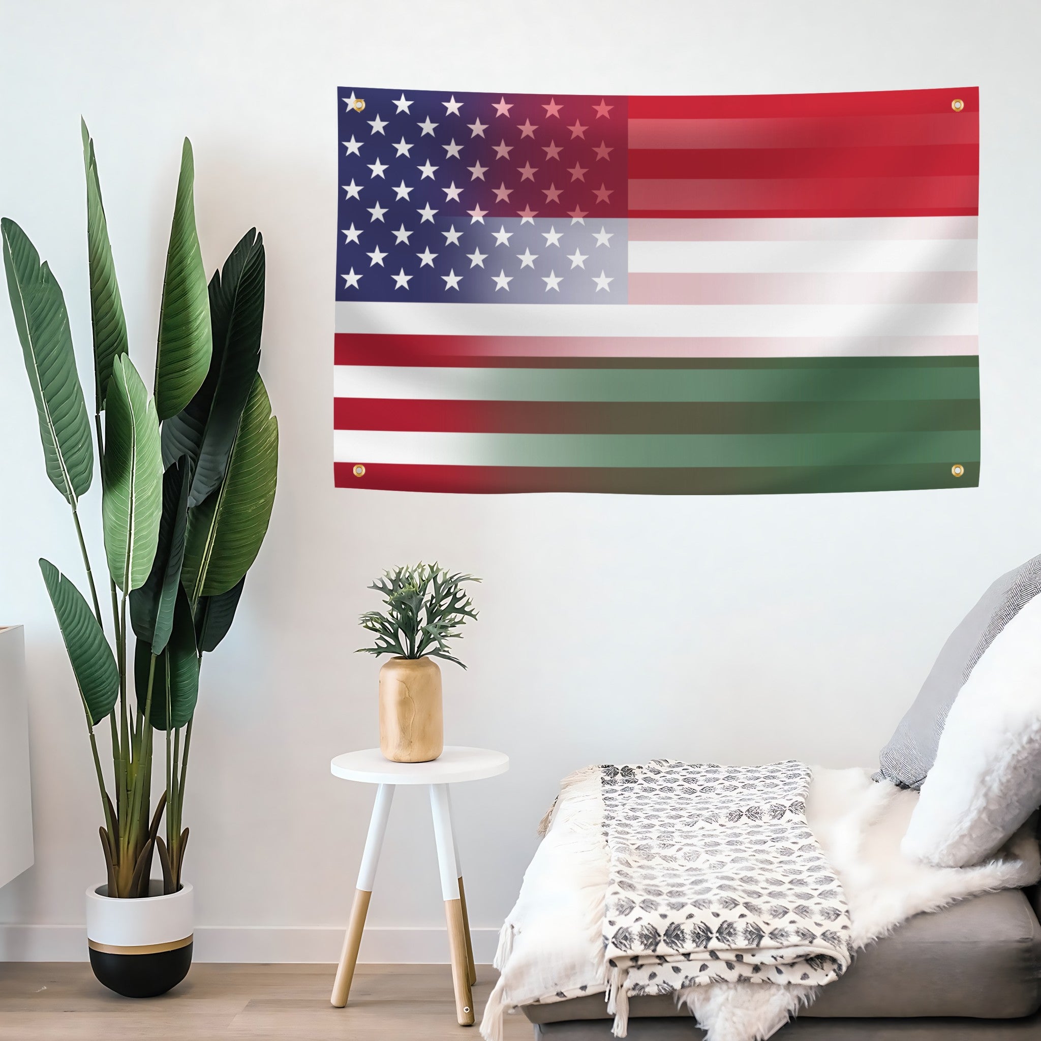Hungarian American hybrid banner with the two designs seamlessly blended together, hanging on a living room wall.