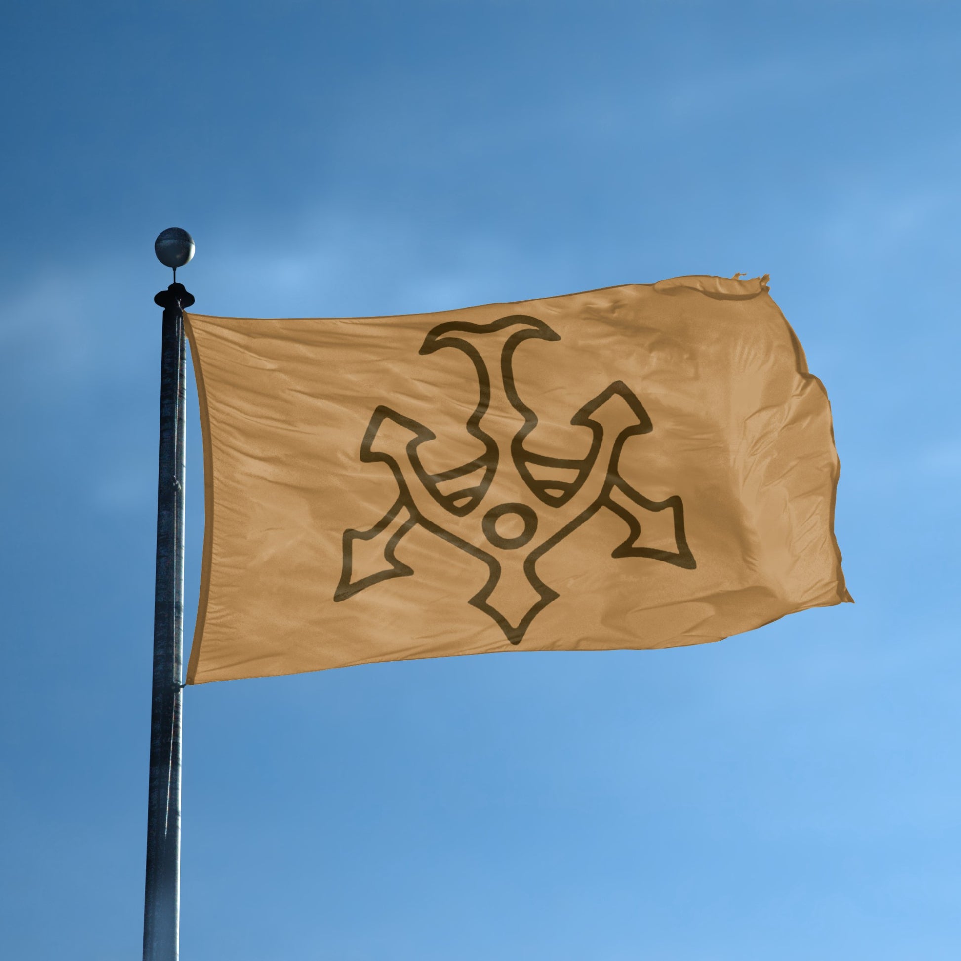A flag on a flag pole with a brown background featuring a black silhouette of the Hutt Clan symbol from Star Wars