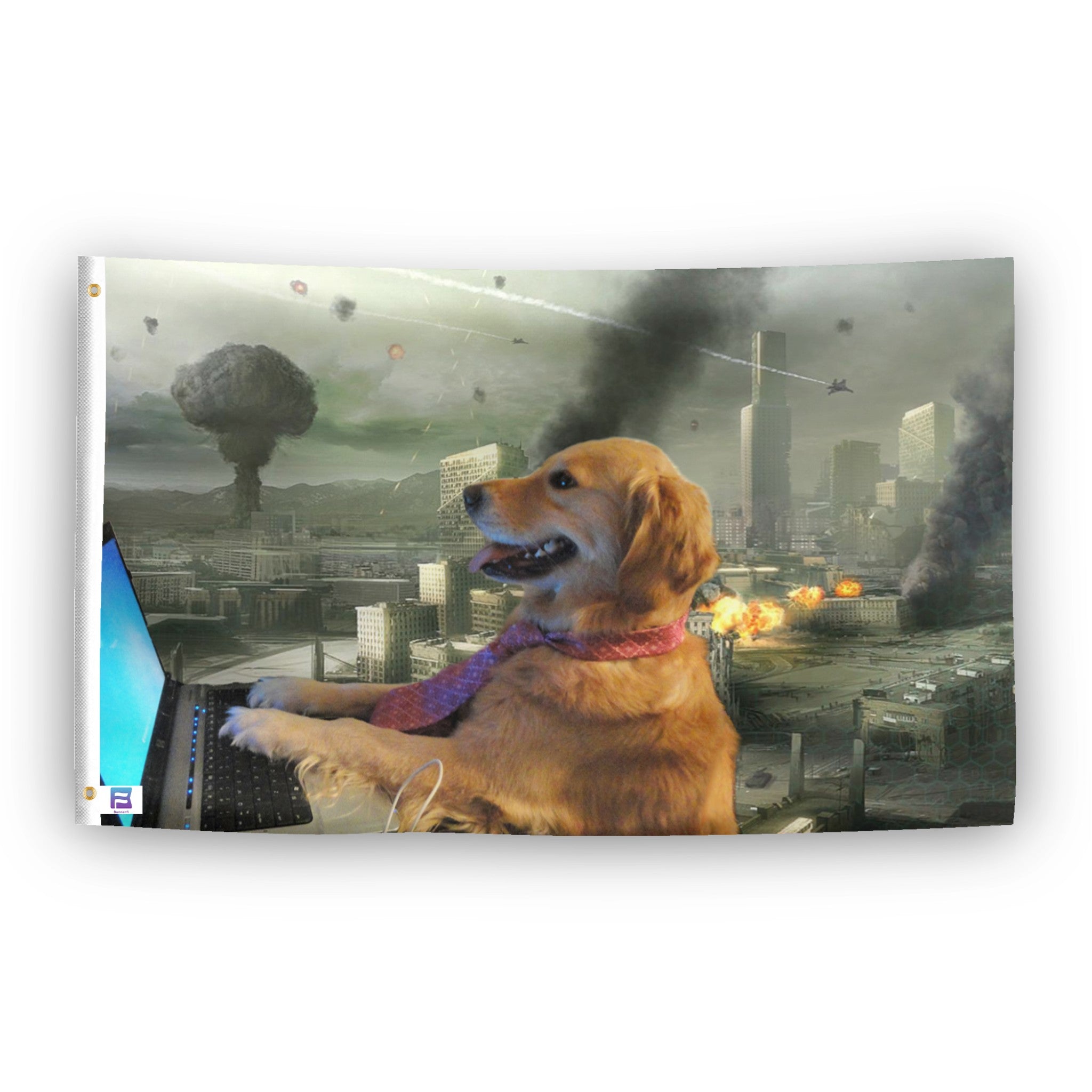 A flag with the theme "I Have No Idea What I'm Doing Computer Dog", displayed with two brass grommets reinforced with a white canvas header.