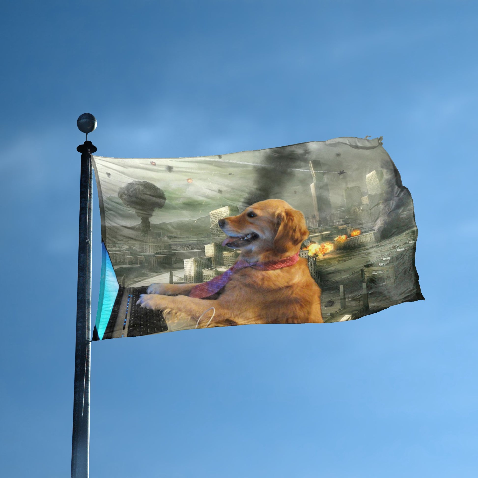 A flag with the theme "I Have No Idea What I'm Doing Computer Dog" displayed on a tall flag pole and blue skies.
