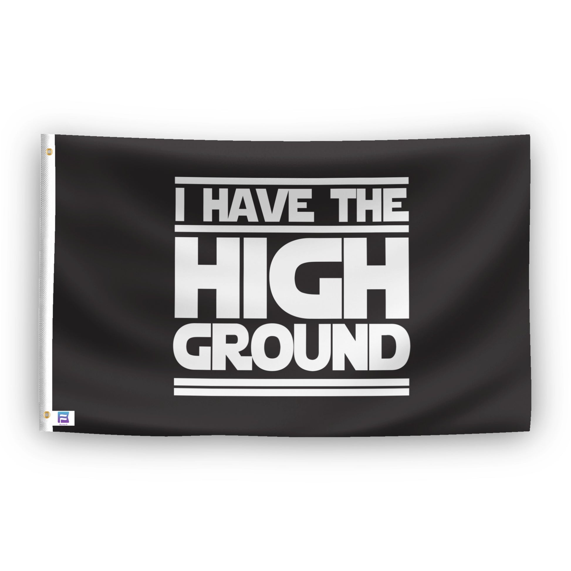 A flag with the theme "Star Wars: I Have The High Ground", displayed with two brass grommets reinforced with a white canvas header.
