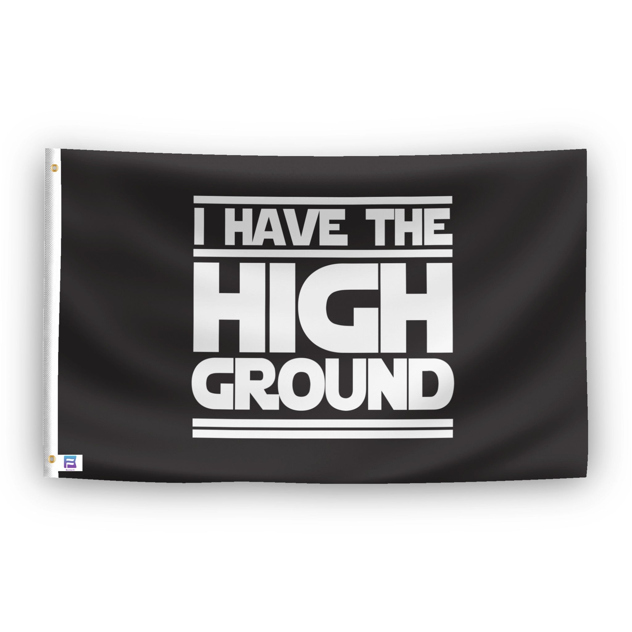 A flag with the theme "Star Wars: I Have The High Ground", displayed with two brass grommets reinforced with a white canvas header.