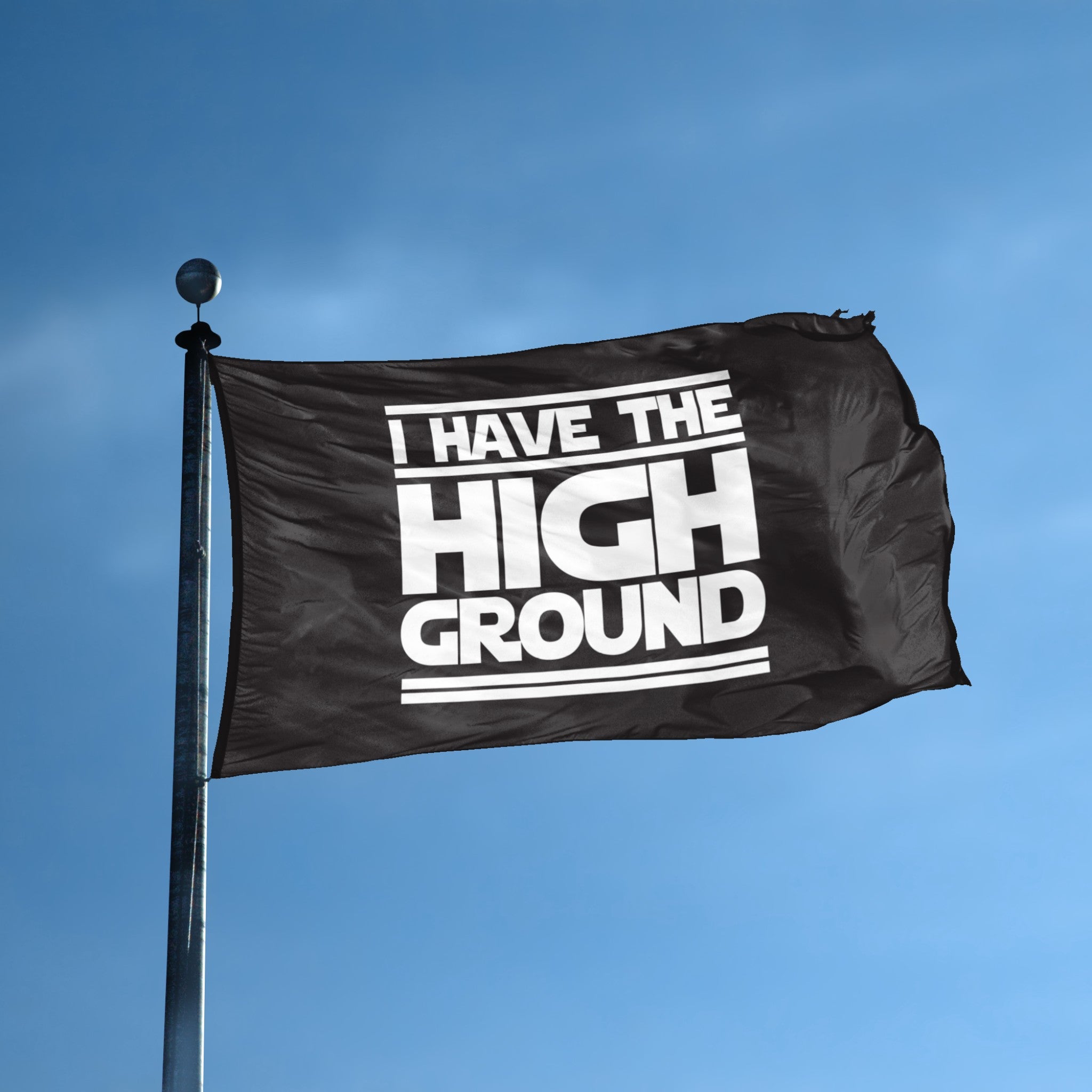 A flag with the theme "Star Wars: I Have The High Ground" displayed on a tall flag pole and blue skies.