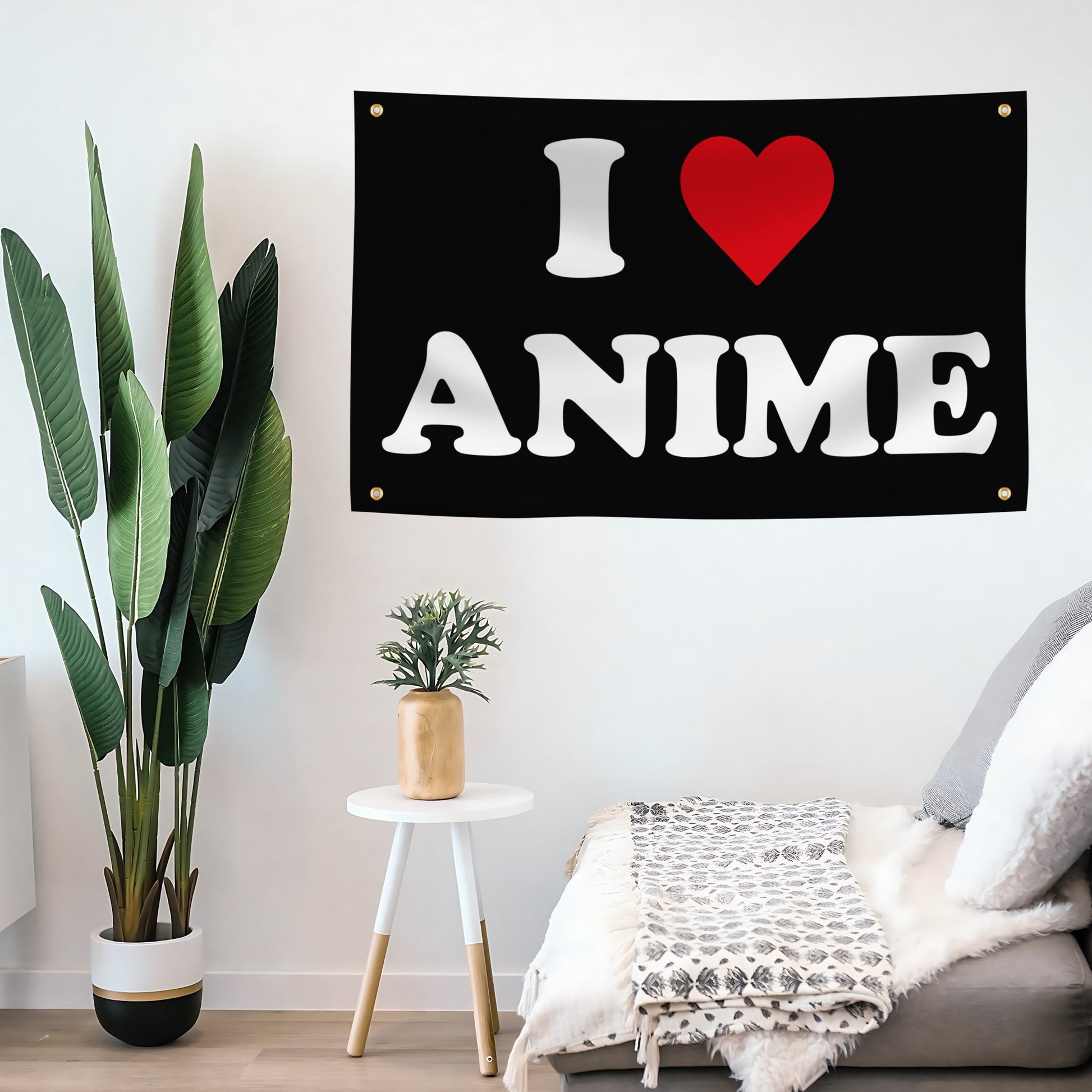 I ❤️ Anime flag banner on a wall with a plant and small table in the foreground.