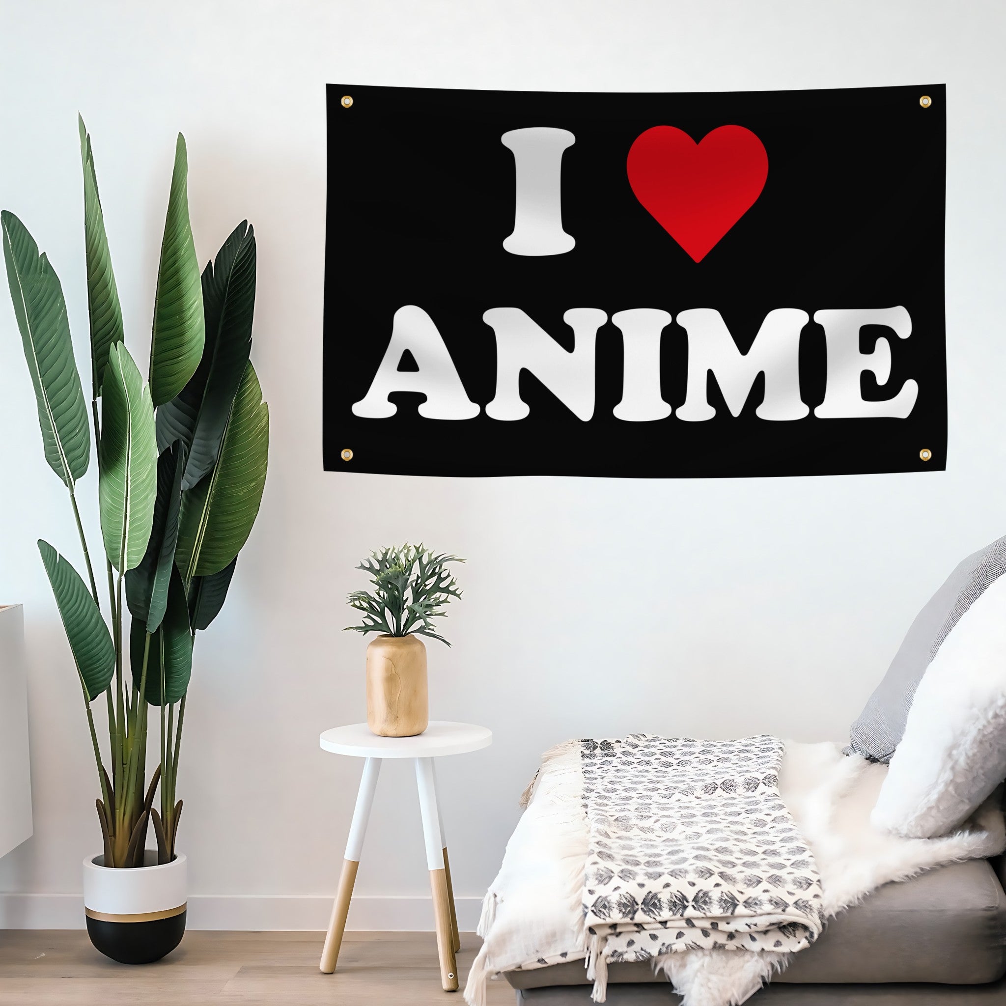 I ❤️ Anime flag banner on a wall with a plant and small table in the foreground.