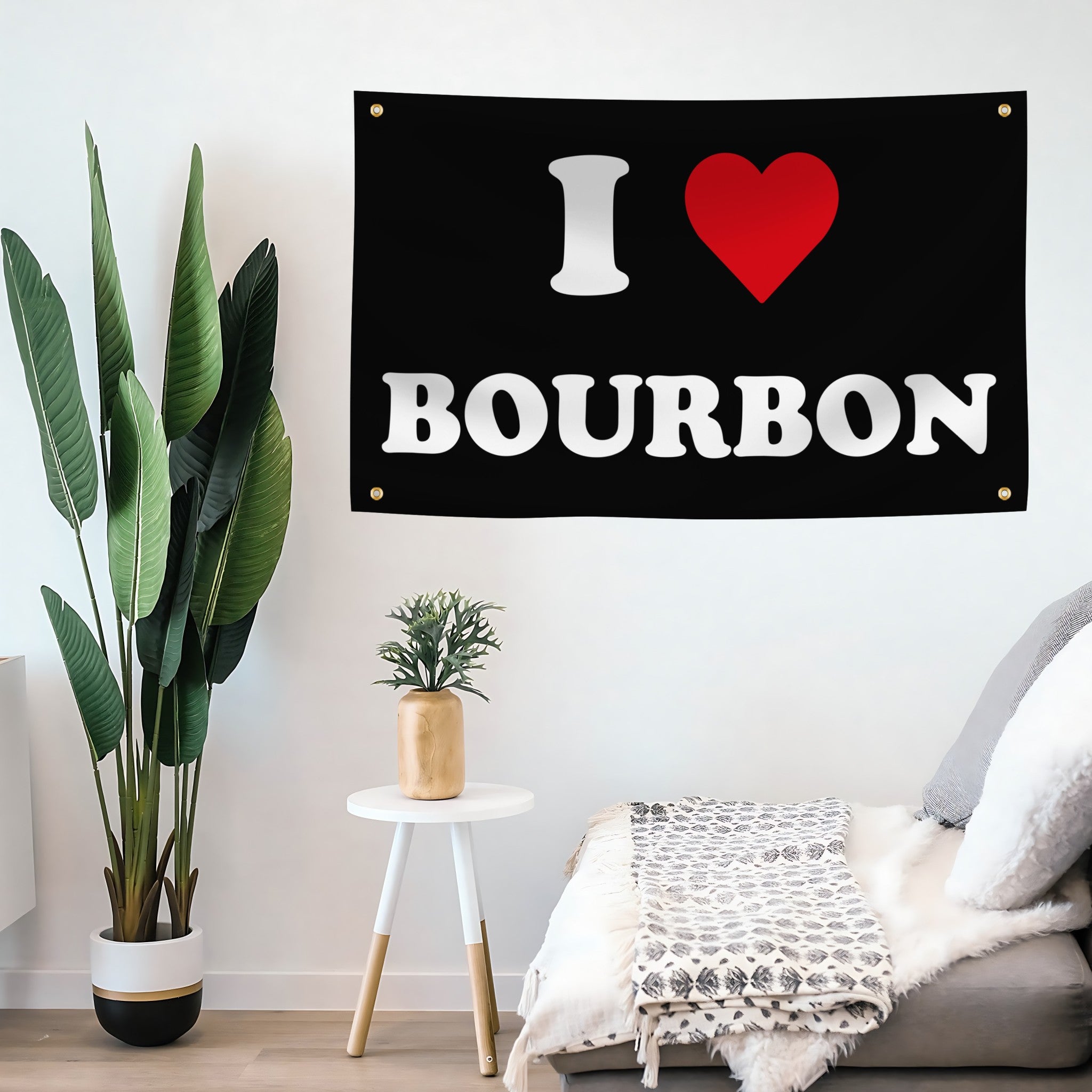 Decorative banner with 'I ❤️ Bourbon' on a wall in a living room.