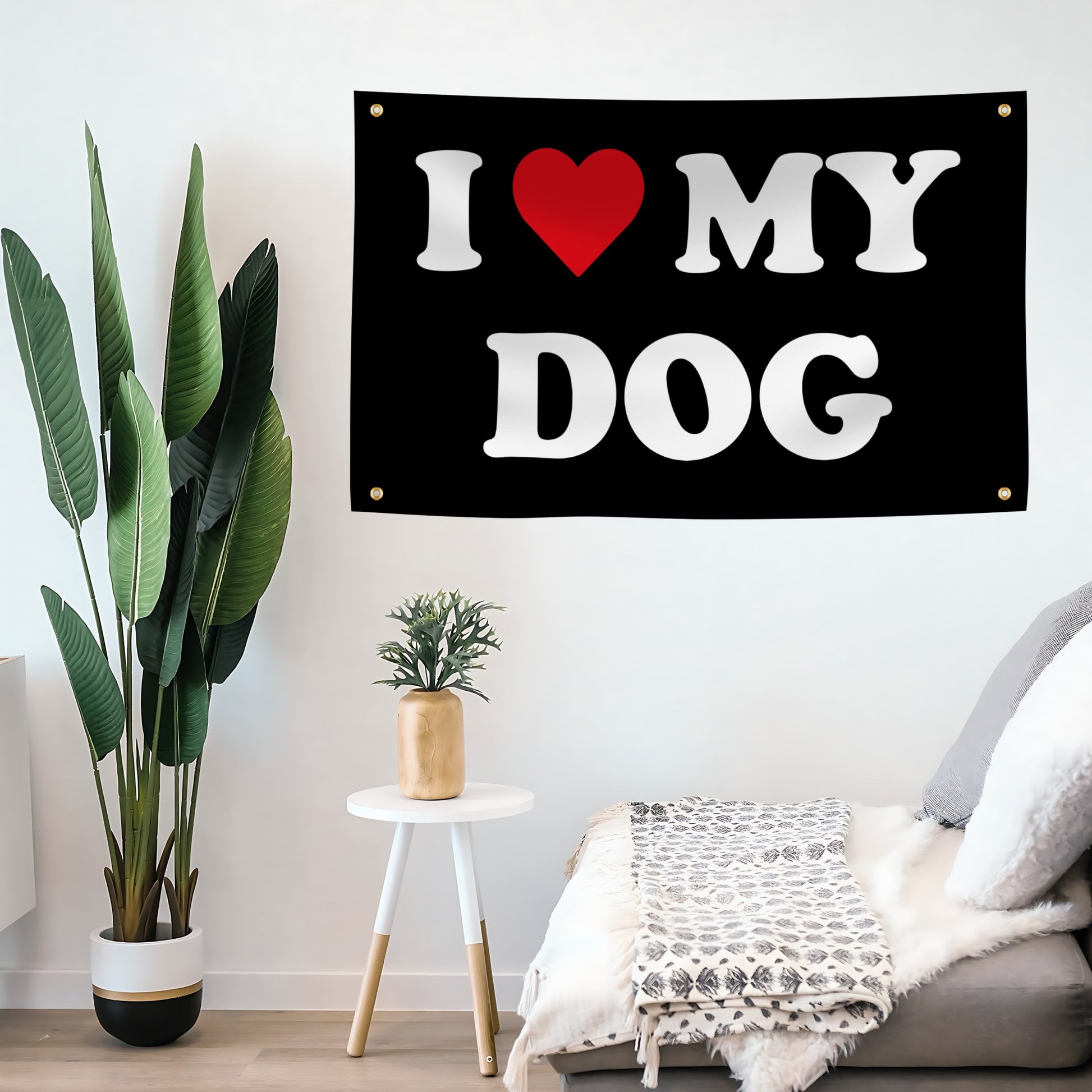 Decorative flag banner with 'I ❤️ MY DOG' text in a living room setting.