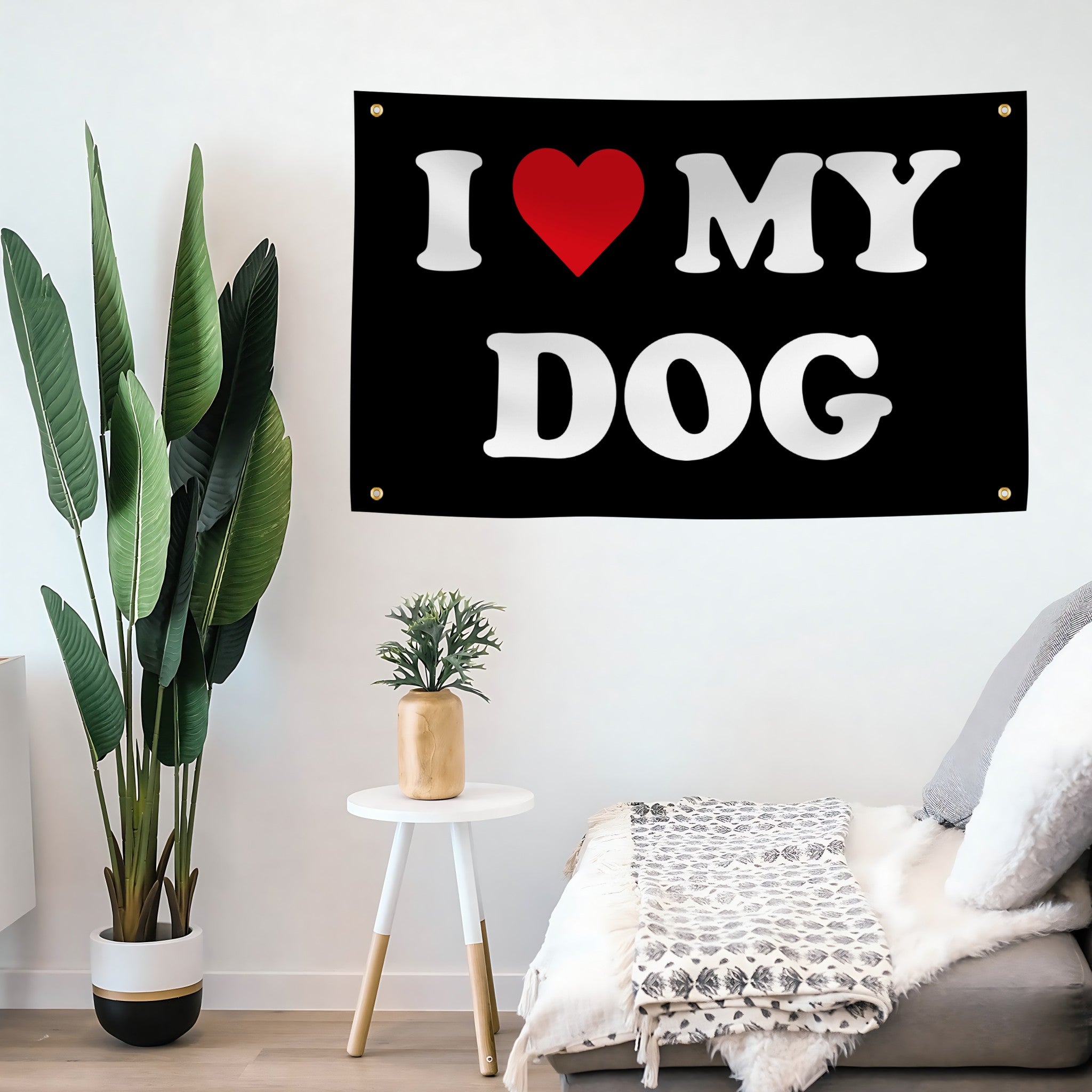Decorative flag banner with 'I ❤️ MY DOG' text in a living room setting.