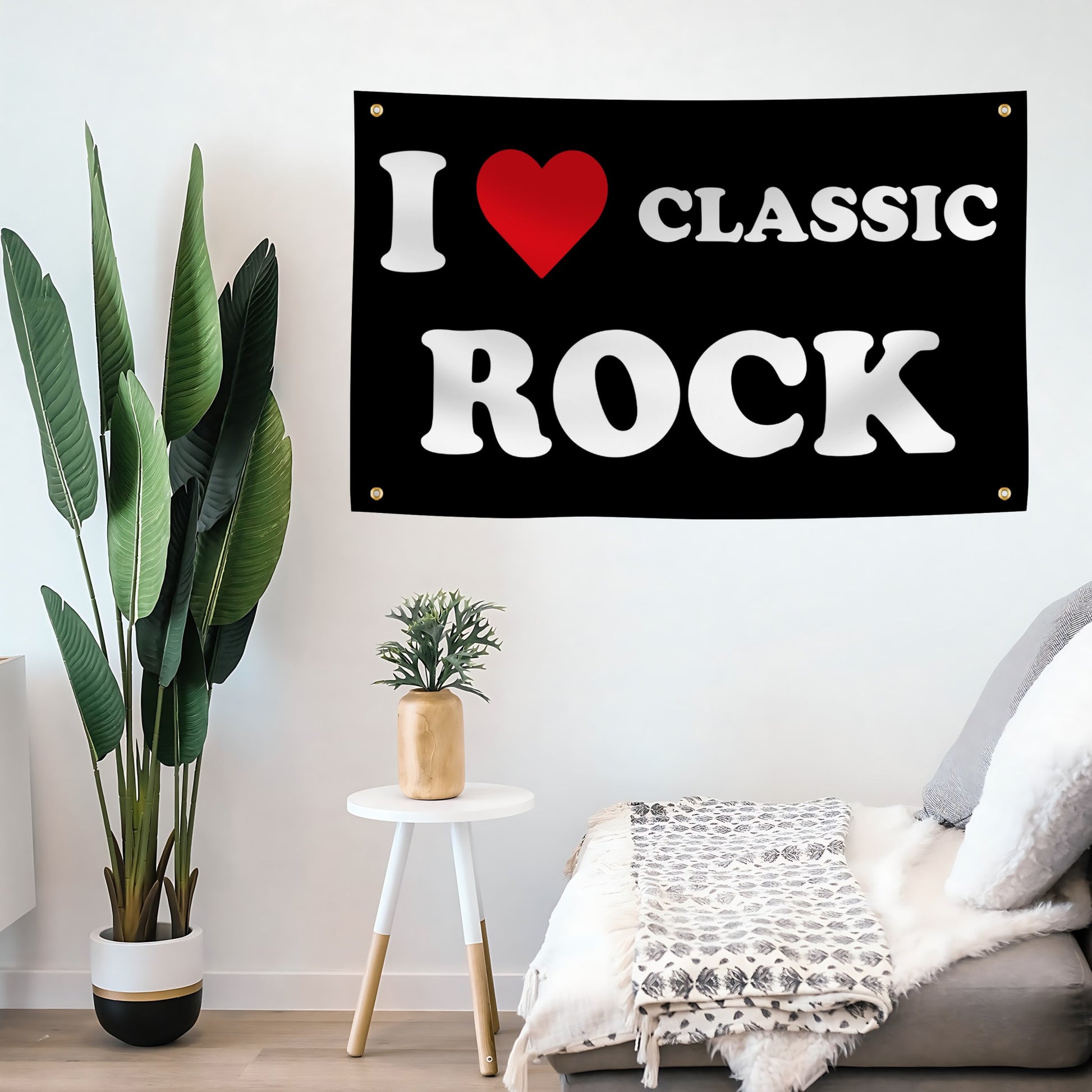 Decorative flag banner with 'I ❤️ CLASSIC ROCK' on a wall in a living room.