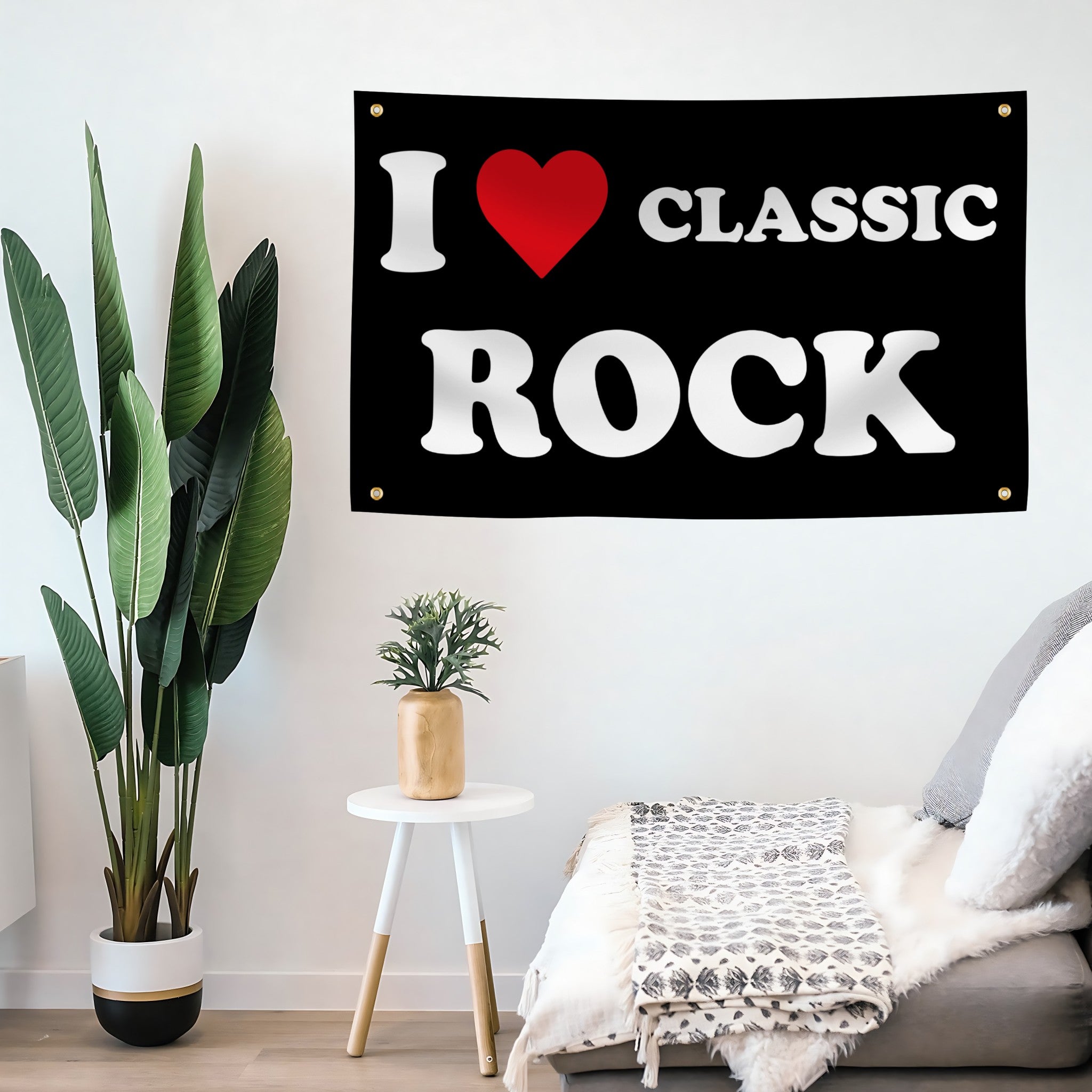 Decorative flag banner with 'I ❤️ CLASSIC ROCK' on a wall in a living room.