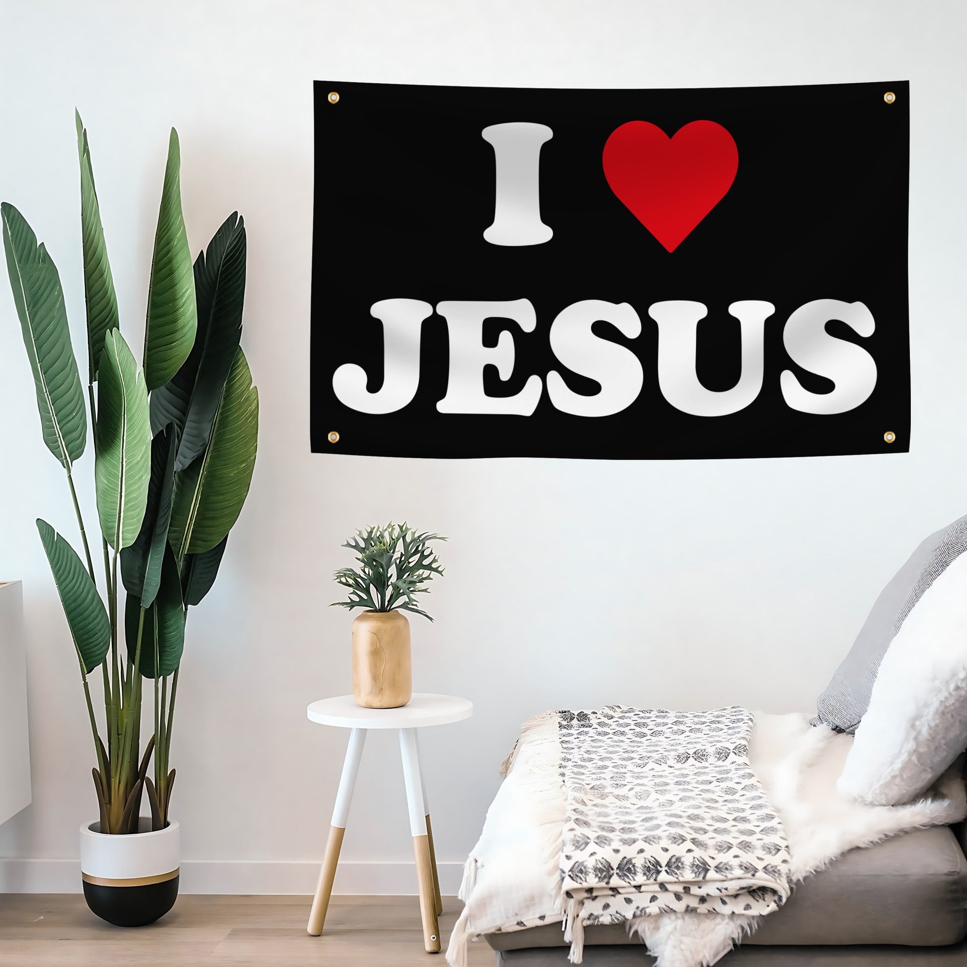 Decorative banner with 'I ❤️ JESUS' text in a living room setting.