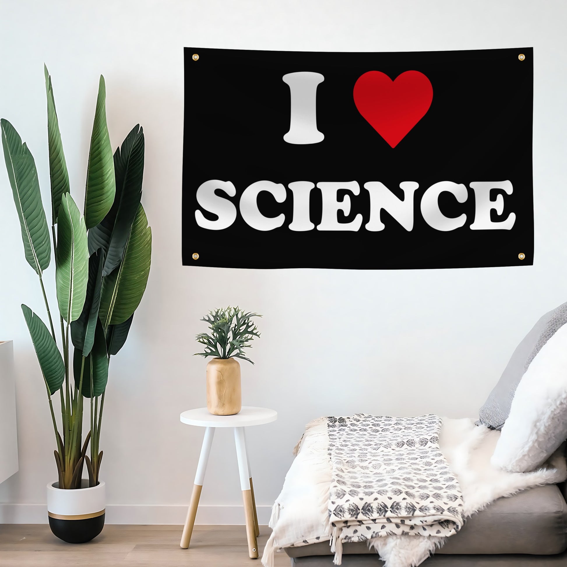 Decorative banner with 'I ❤️ SCIENCE' text in a living room setting.