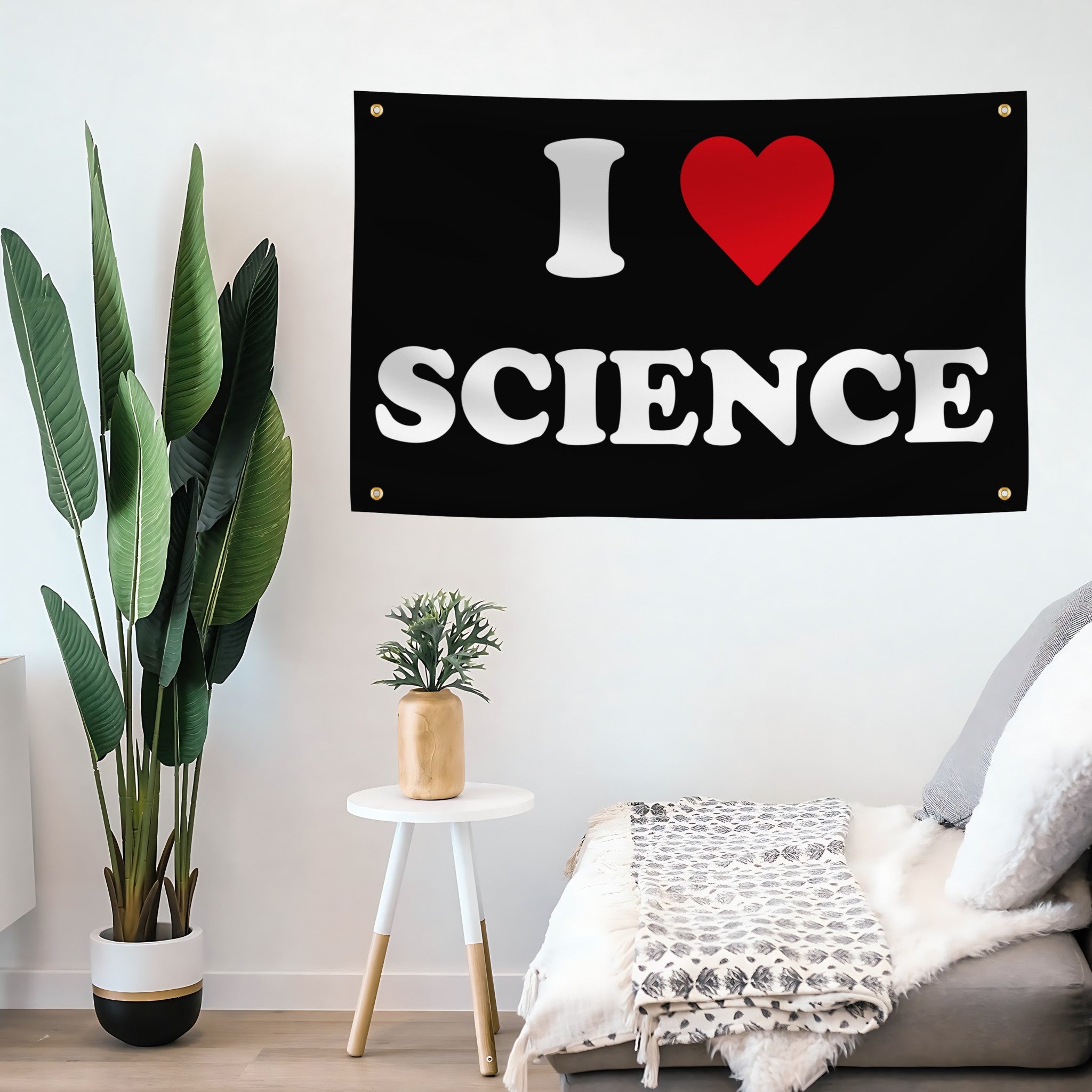 Decorative banner with 'I ❤️ SCIENCE' text in a living room setting.