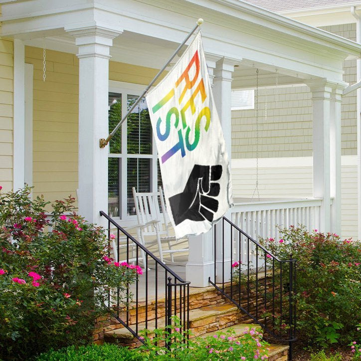 Resist Fist LGBTQ Pride Flag (White) on a front porch - Flags by Bannerfi