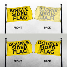 Load image into Gallery viewer, Comparison of single-sided and double-sided flags, illustrating the difference in visibility of text from front to back
