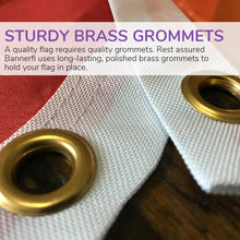 Load image into Gallery viewer, Close-up of a flag&#39;s corner showcasing sturdy brass grommets on a textured fabric, emphasizing features for lasting outdoor use.
