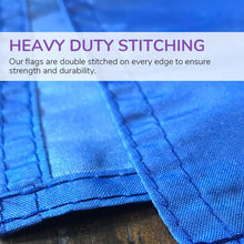 Load image into Gallery viewer, Detail of a flag&#39;s edge, highlighting the heavy-duty double stitching for enhanced strength and longevity against weathering
