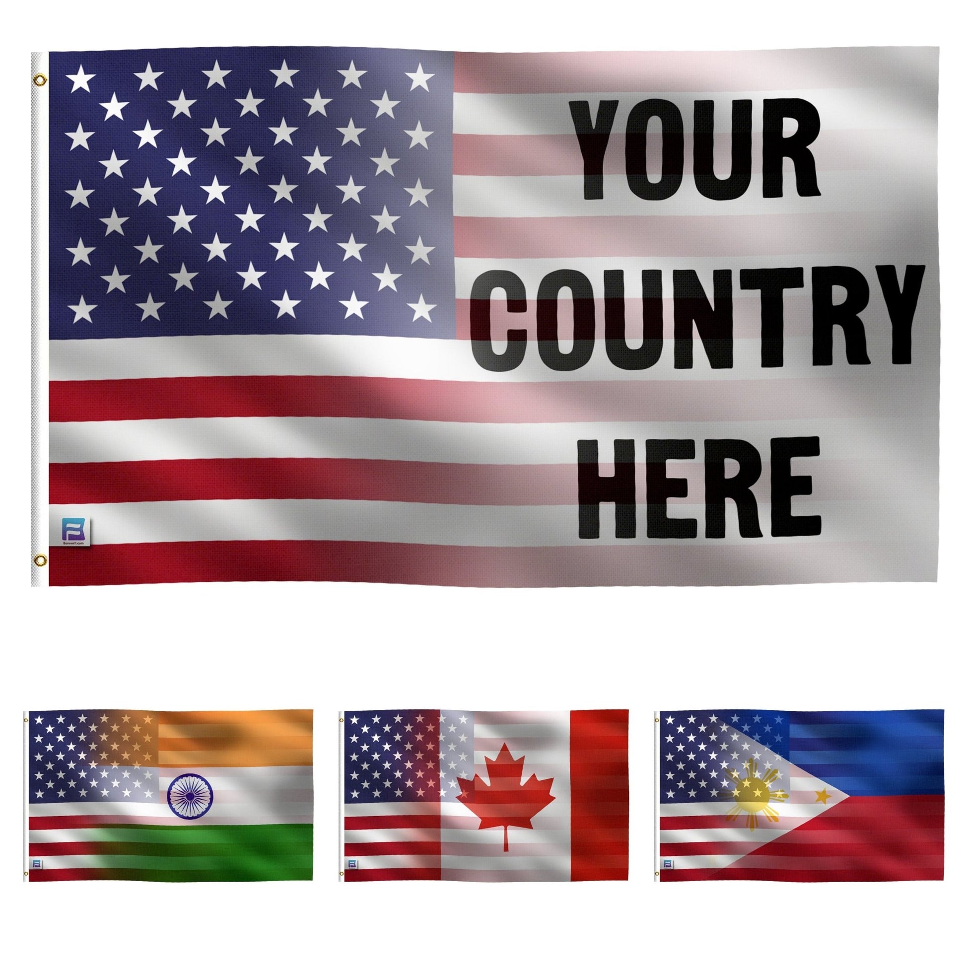 an american flag blend with the words your country here above a group of blended flags