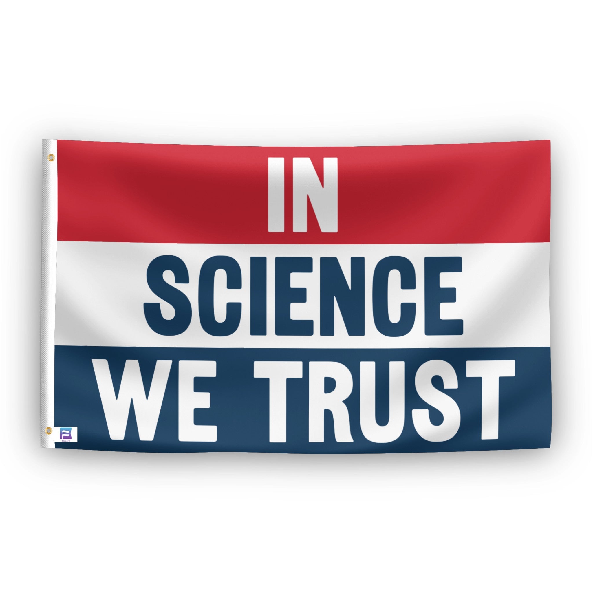 In Science We Trust flag – weatherproof polyester with brass grommets and canvas header | Bannerfi