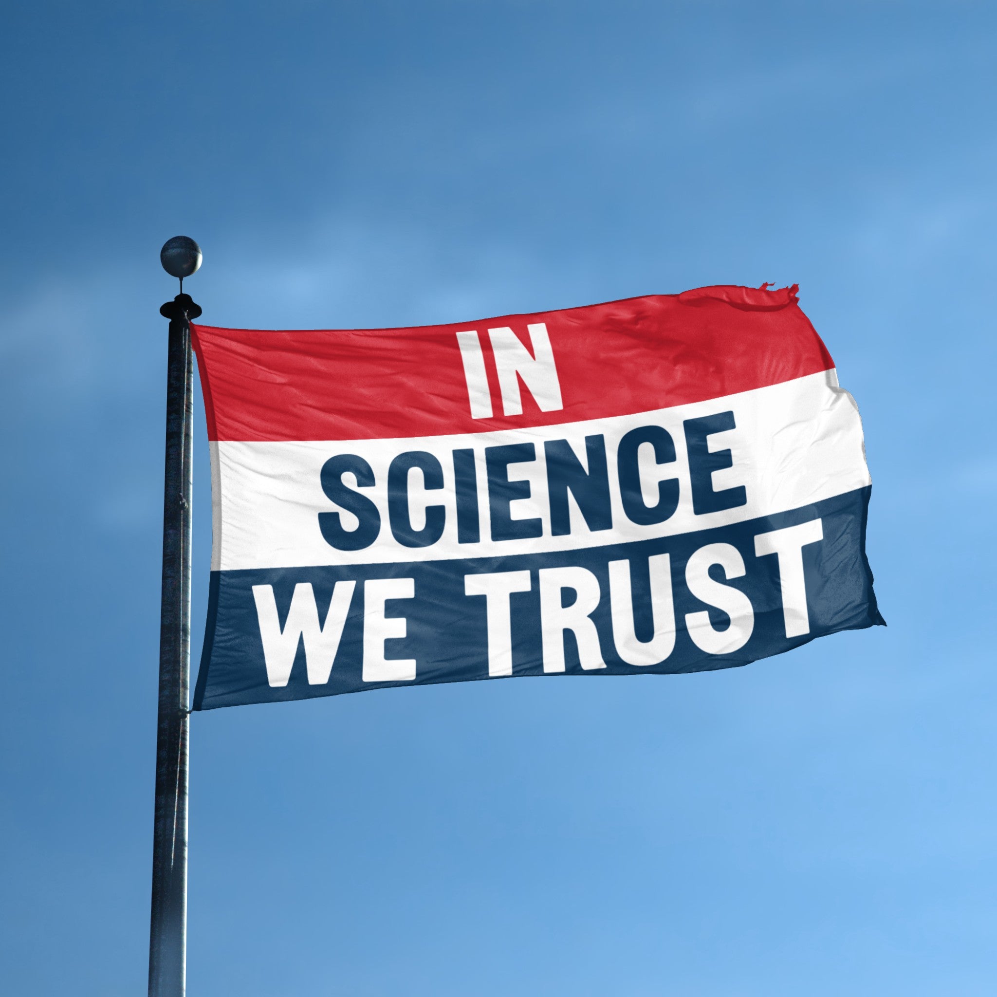 In Science We Trust flag displayed outdoors – weatherproof house banner on pole | Bannerfi