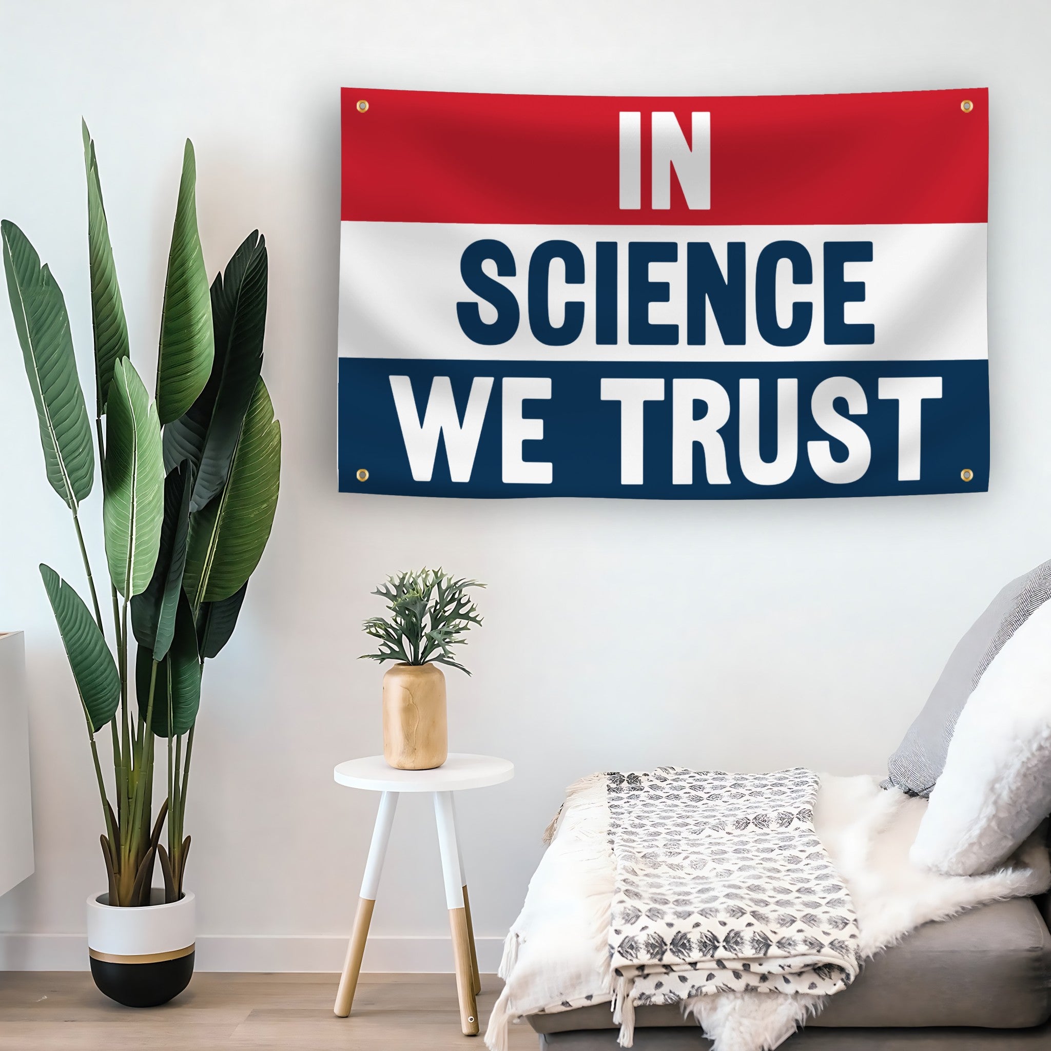 In Science We Trust flag as indoor wall art – versatile home décor | Bannerfi